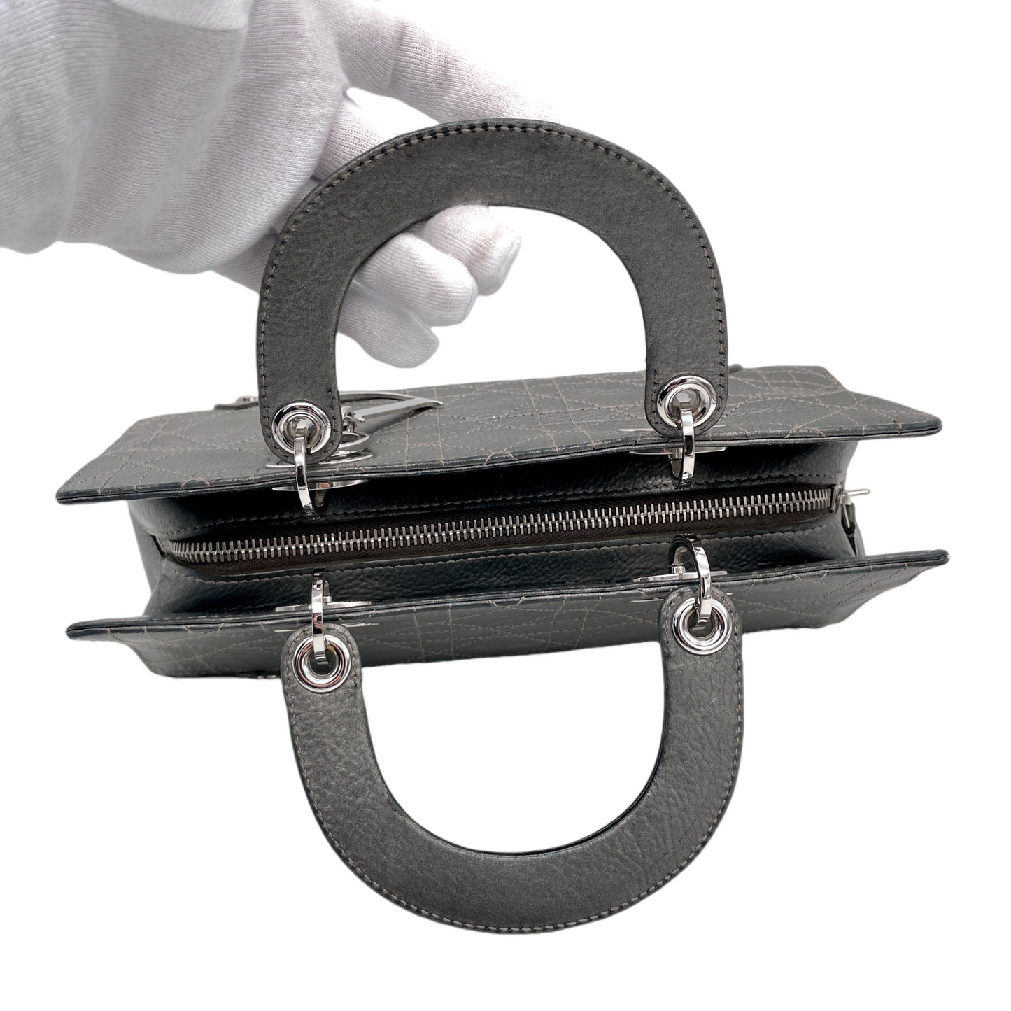 RARE☆☆☆☆CHRISTIAN DIOR Preloved Lady D-JOY Cannage Leather Hand Bag Limited Edition Color Gray & Silver