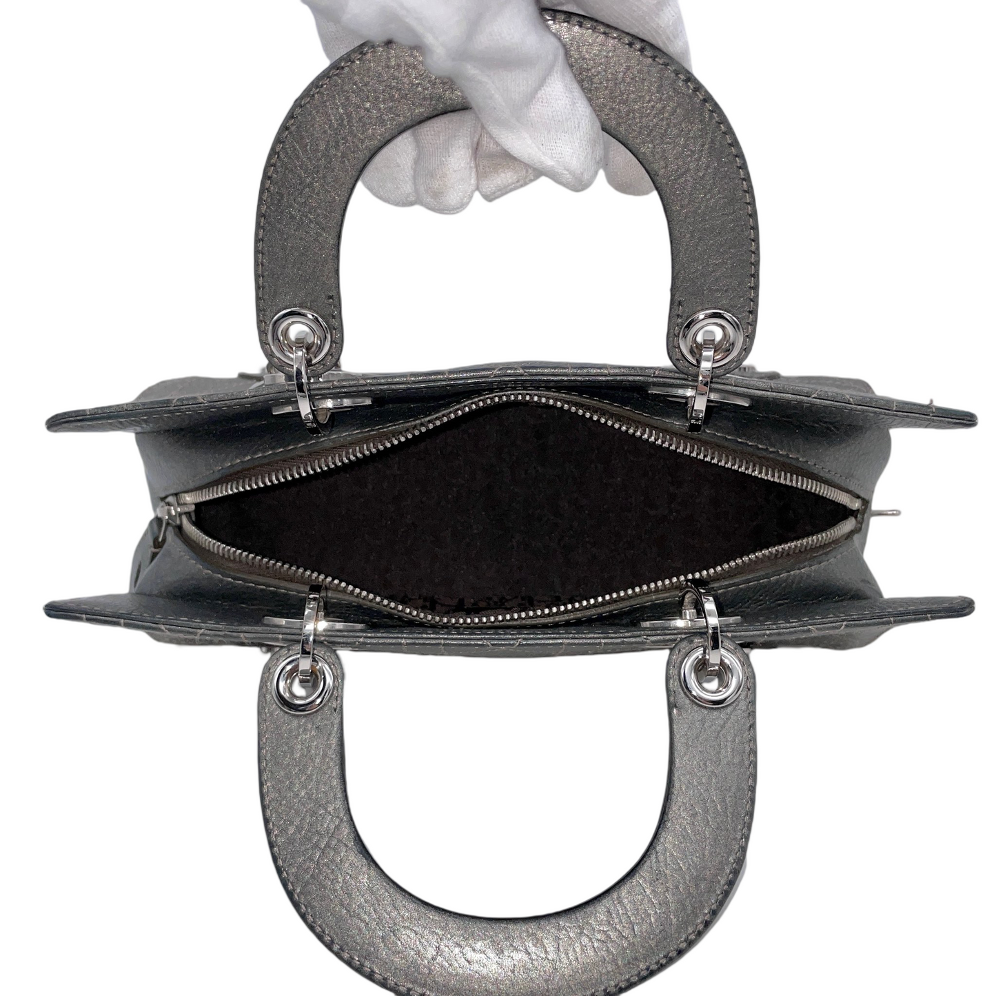 RARE☆☆☆☆CHRISTIAN DIOR Preloved Lady D-JOY Cannage Leather Hand Bag Limited Edition Color Gray & Silver