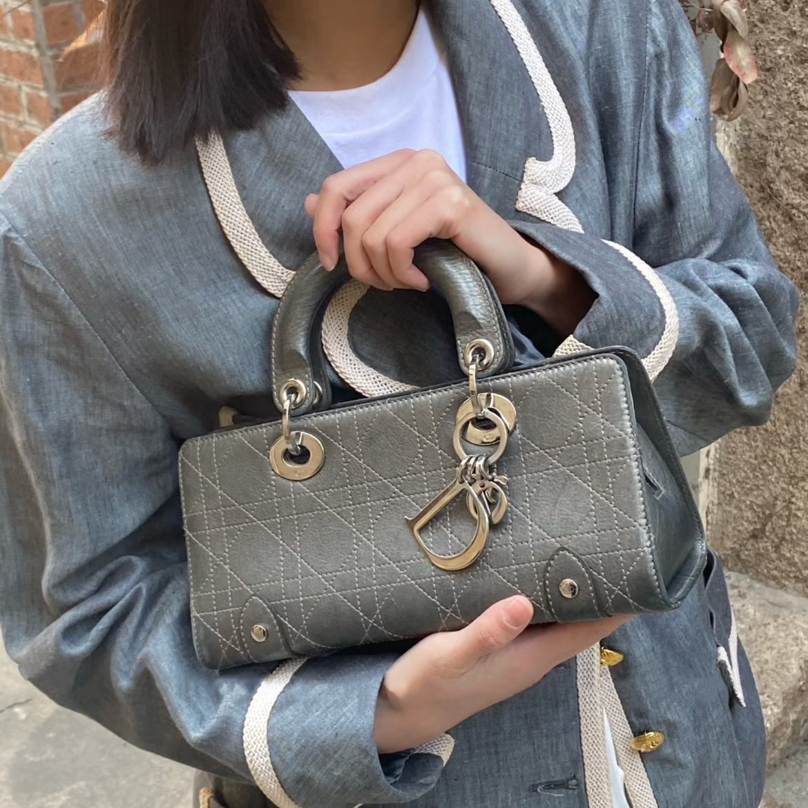 RARE☆☆☆☆CHRISTIAN DIOR Preloved Lady D-JOY Cannage Leather Hand Bag Limited Edition Color Gray & Silver