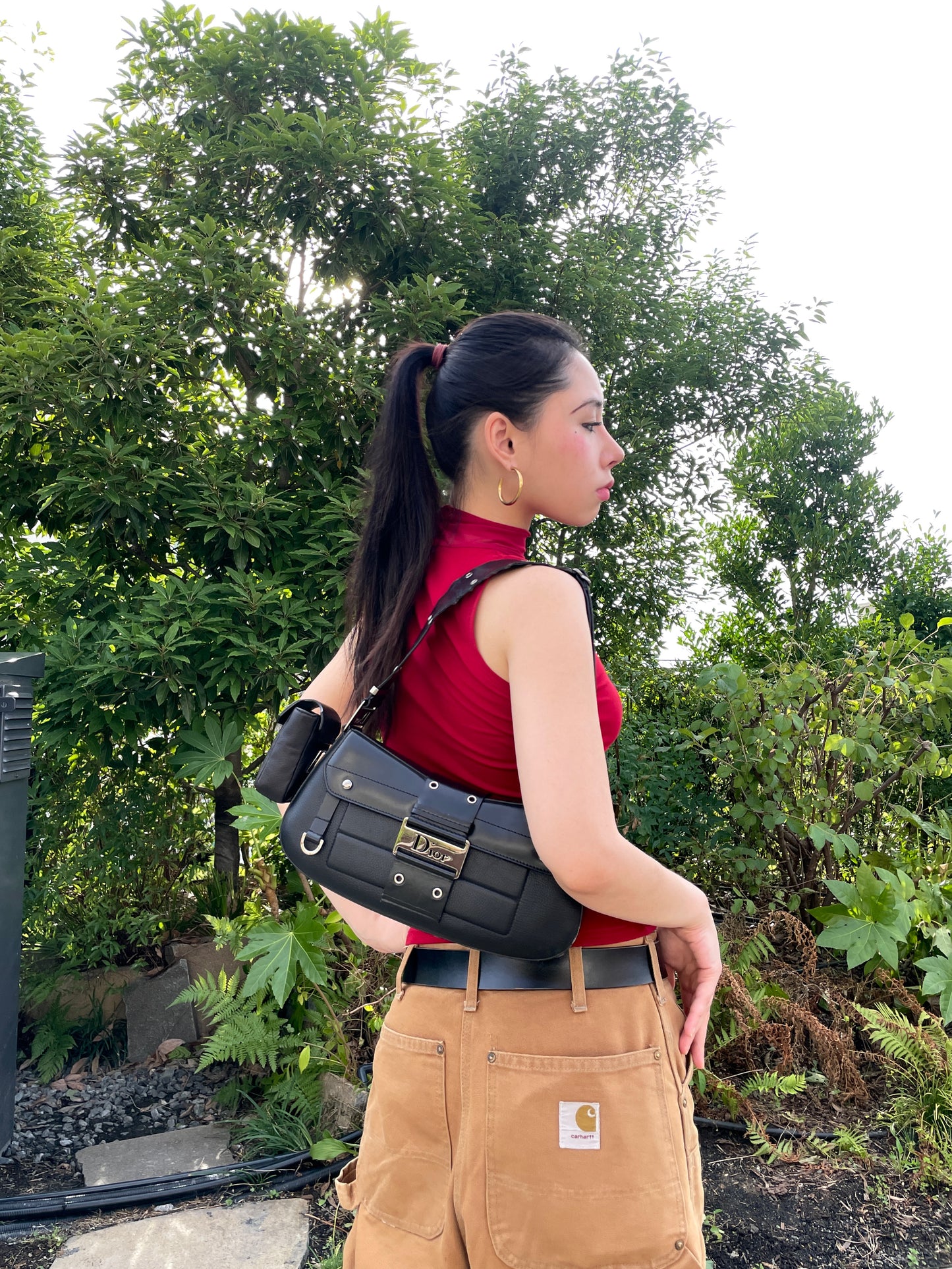 RARE☆☆☆☆CHRISTIAN DIOR Street Chic Columbus Bag Leather Shoulder Bag MM Black & Silver Pocket x 1