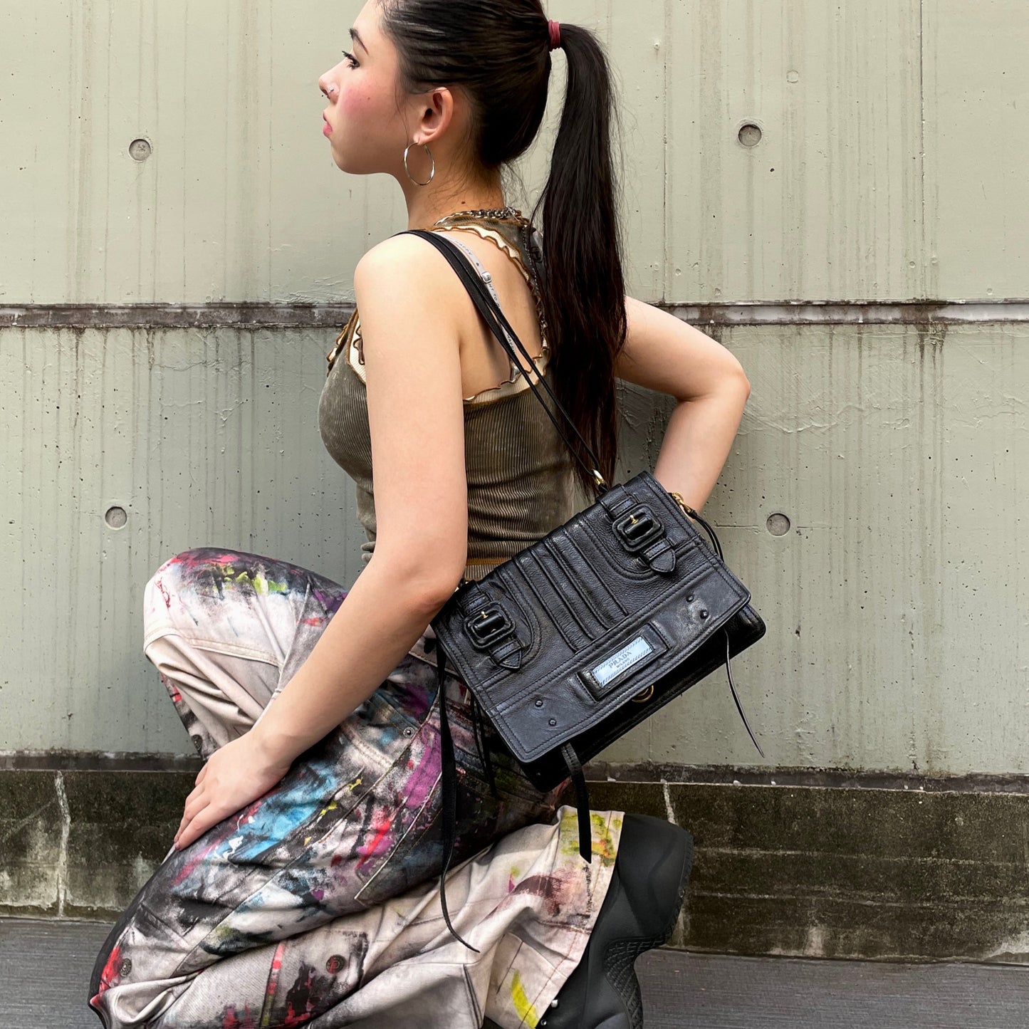 RARE☆☆☆PRADA Etiquette Leather Messager Shoulder Flap Bag Black