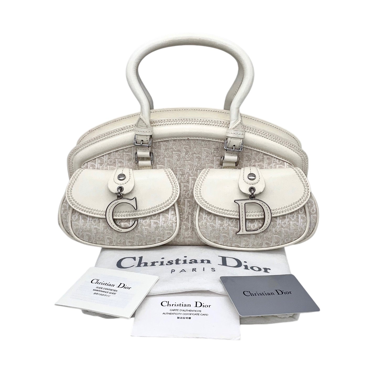 RARE★★★★CHRISTIAN DIOR 2005 SS Trotter Canvas Leather CD Pendant Detective Top Handle Bag Medium White/Silver