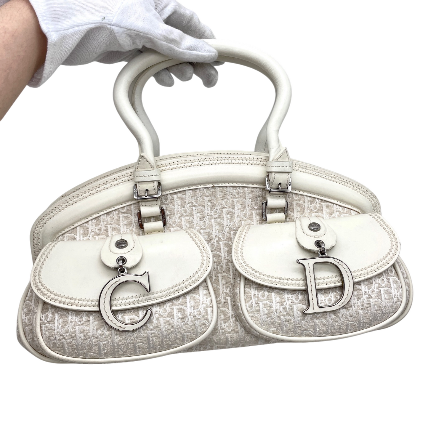 RARE★★★★CHRISTIAN DIOR 2005 SS Trotter Canvas Leather CD Pendant Detective Top Handle Bag Medium White/Silver
