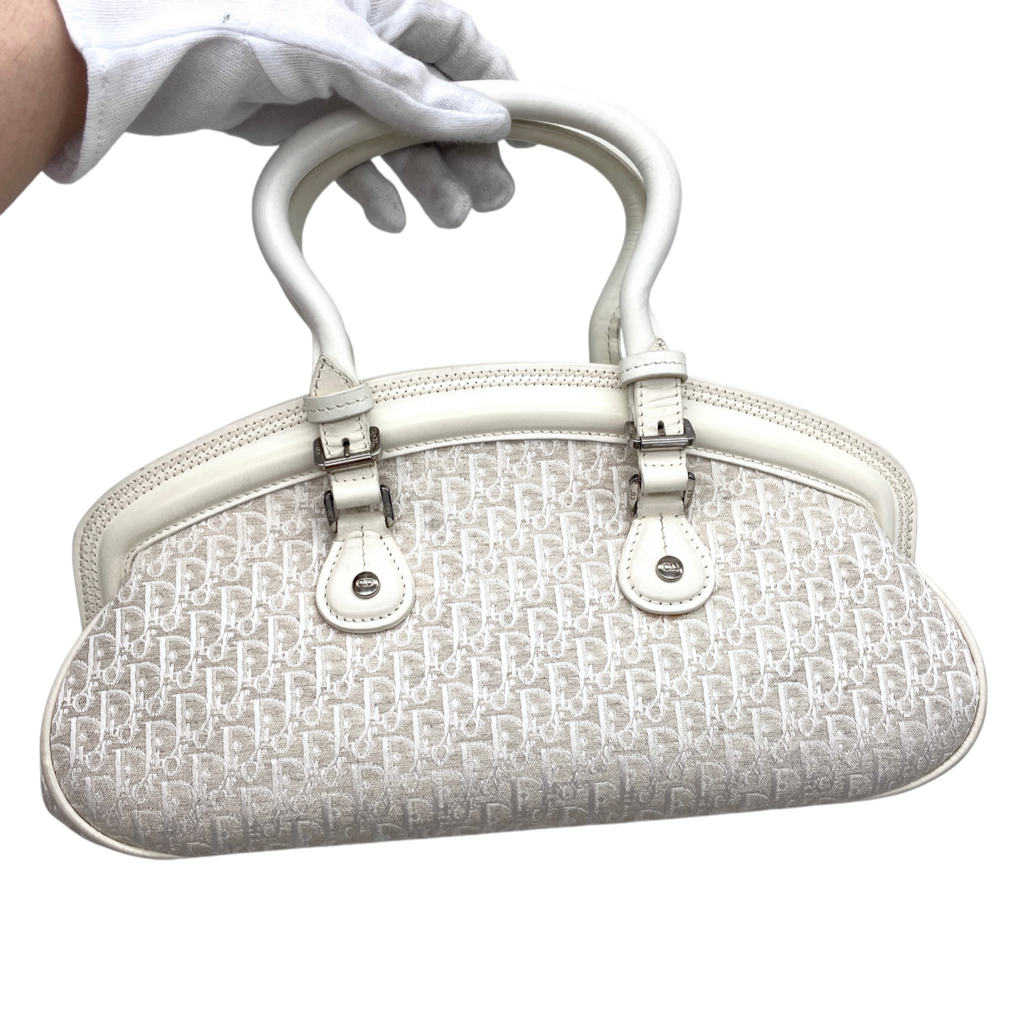 RARE★★★★CHRISTIAN DIOR 2005 SS Trotter Canvas Leather CD Pendant Detective Top Handle Bag Medium White/Silver