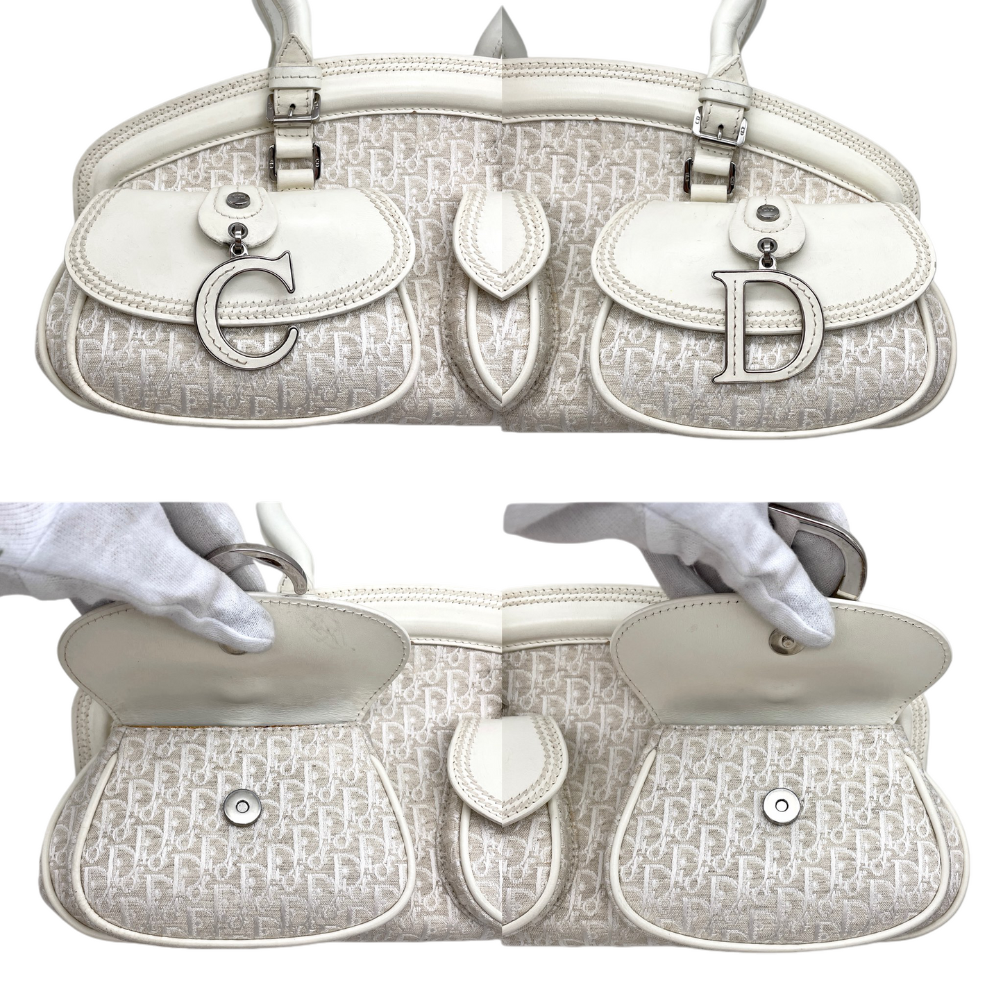 RARE★★★★CHRISTIAN DIOR 2005 SS Trotter Canvas Leather CD Pendant Detective Top Handle Bag Medium White/Silver