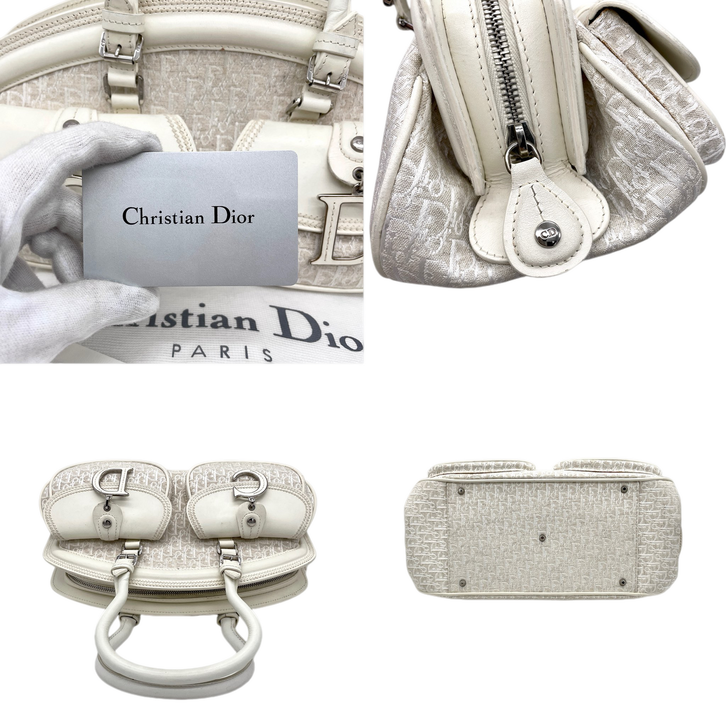 RARE★★★★CHRISTIAN DIOR 2005 SS Trotter Canvas Leather CD Pendant Detective Top Handle Bag Medium White/Silver