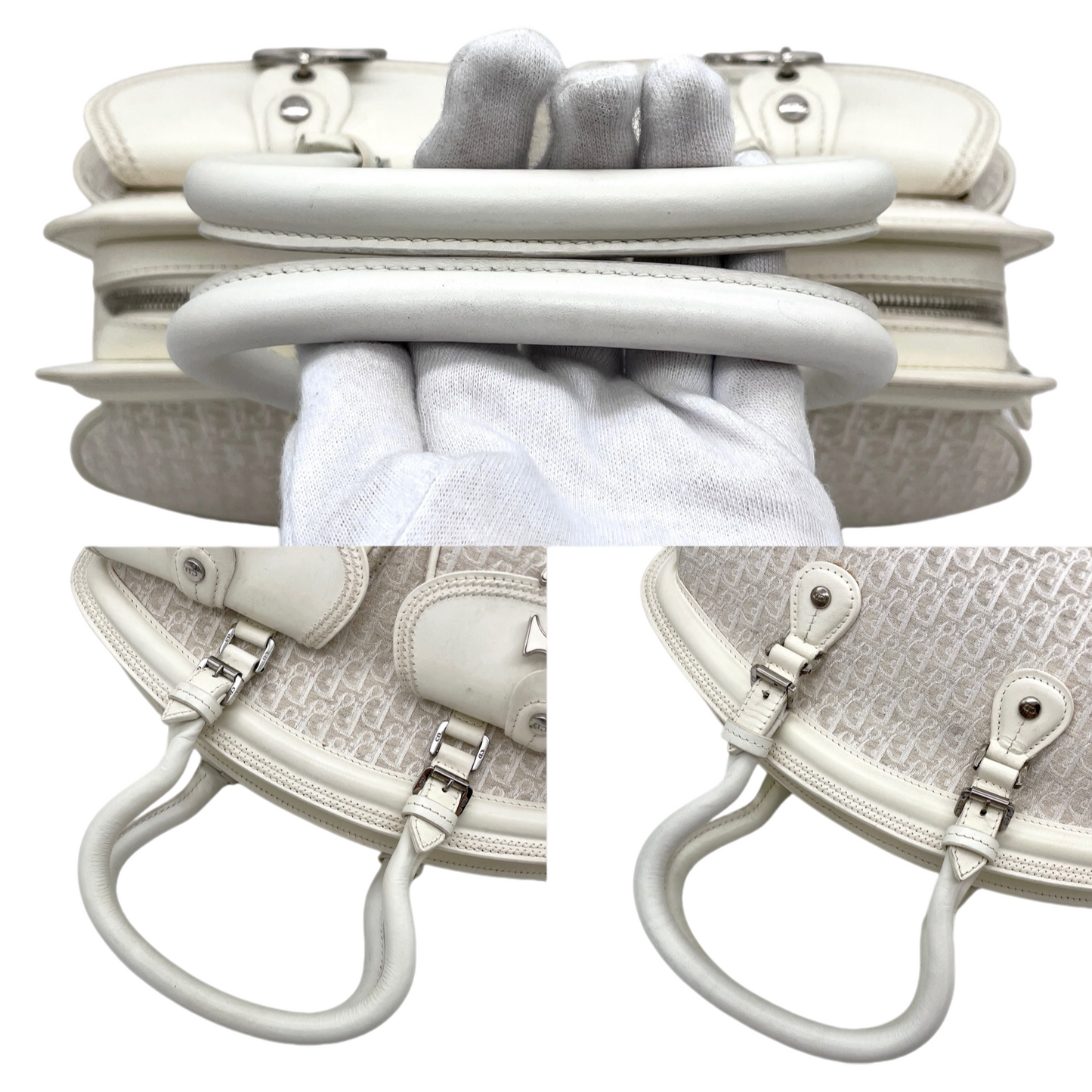 RARE★★★★CHRISTIAN DIOR 2005 SS Trotter Canvas Leather CD Pendant Detective Top Handle Bag Medium White/Silver