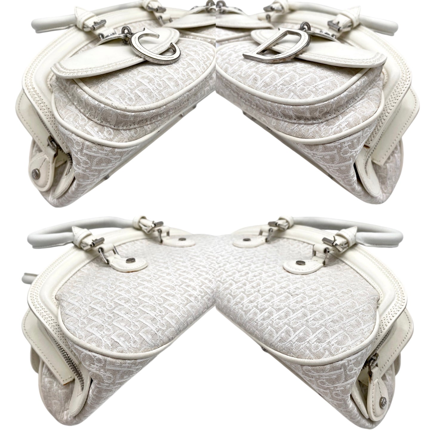 RARE★★★★CHRISTIAN DIOR 2005 SS Trotter Canvas Leather CD Pendant Detective Top Handle Bag Medium White/Silver