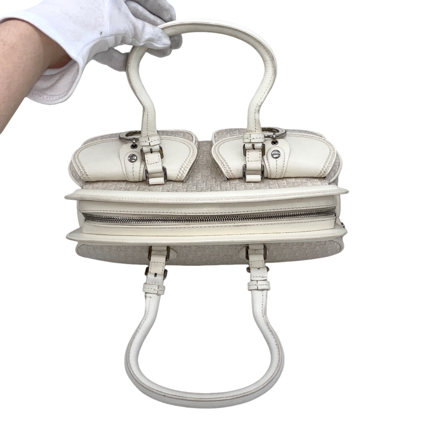 RARE★★★★CHRISTIAN DIOR 2005 SS Trotter Canvas Leather CD Pendant Detective Top Handle Bag Medium White/Silver