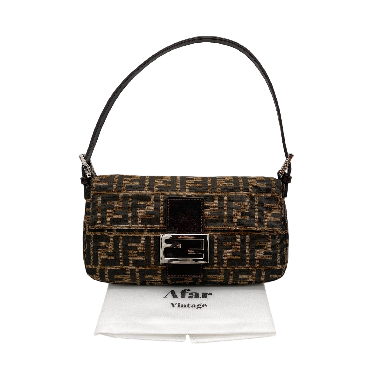 FENDI Zucca Canvas Mamma Baguette PM Shoulder Bag Brown & Silver