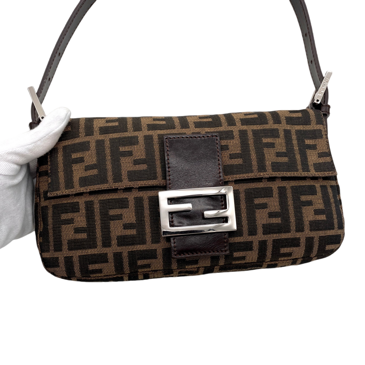 FENDI Zucca Canvas Mamma Baguette PM Shoulder Bag Brown & Silver