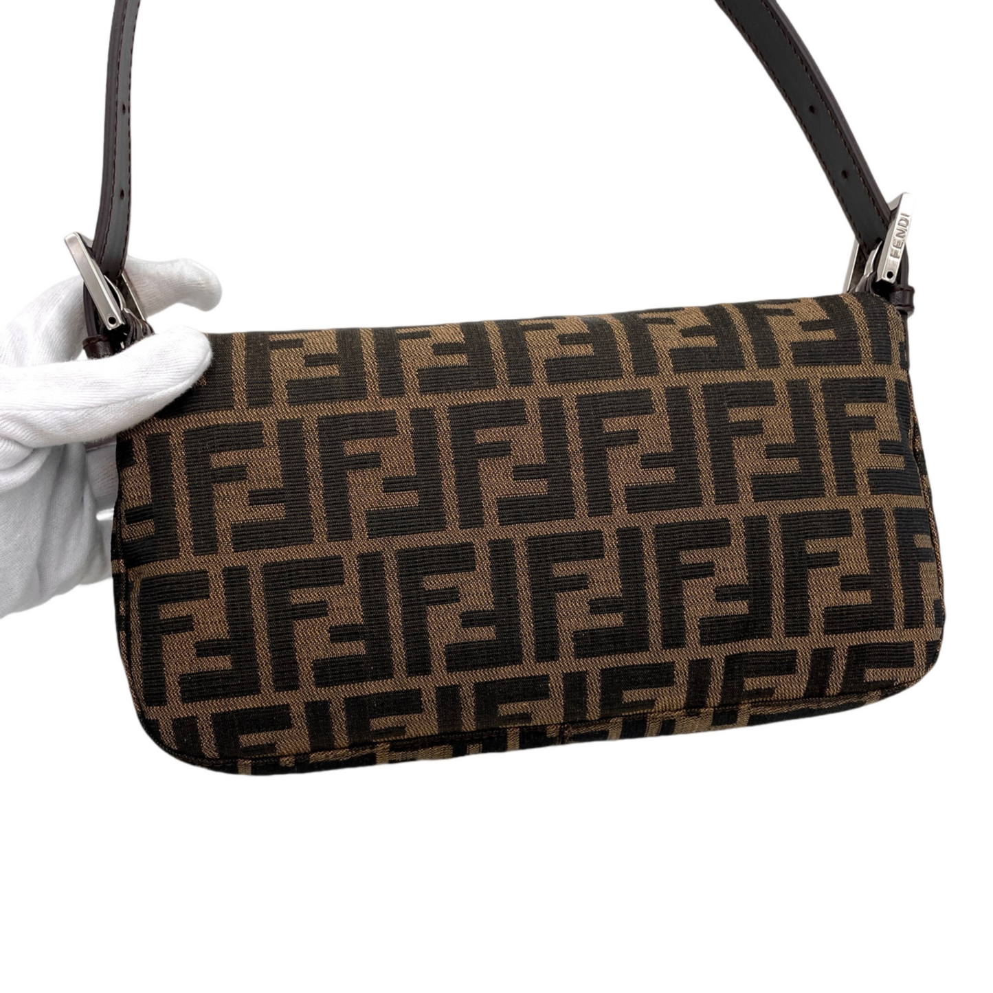FENDI Zucca Canvas Mamma Baguette PM Shoulder Bag Brown & Silver