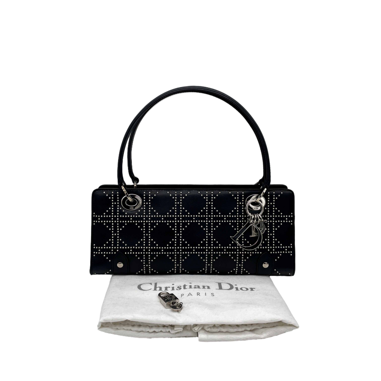 RARE☆☆☆☆☆CHRISTIAN DIOR Preloved Lady Dior Cannage Studs Design Hand Bag Black &amp; Silver