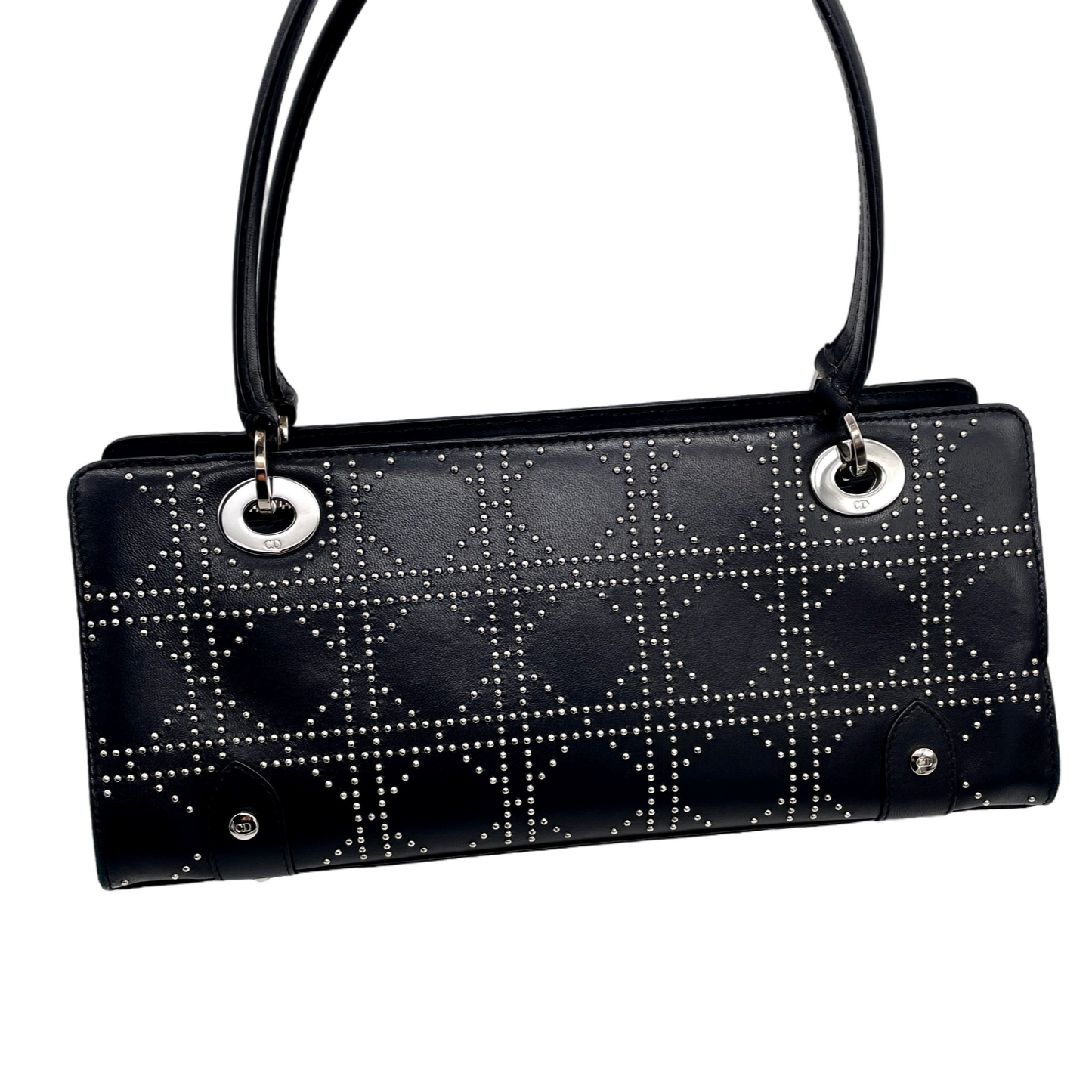 RARE☆☆☆☆☆CHRISTIAN DIOR Preloved Lady Dior Cannage Studs Design Hand Bag Black &amp; Silver