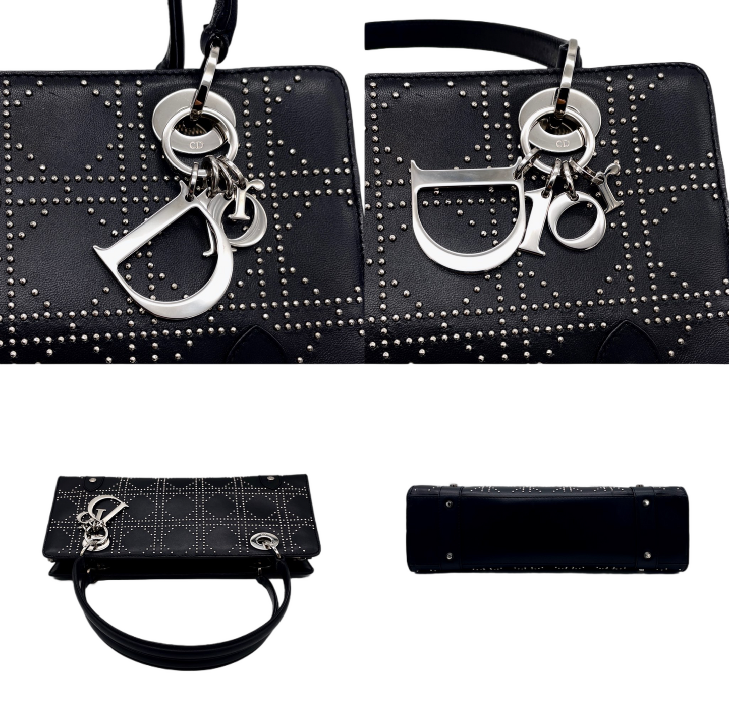 RARE☆☆☆☆☆CHRISTIAN DIOR Preloved Lady Dior Cannage Studs Design Hand Bag Black &amp; Silver