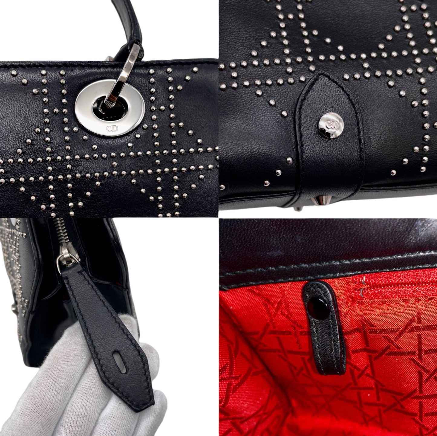 RARE☆☆☆☆☆CHRISTIAN DIOR Preloved Lady Dior Cannage Studs Design Hand Bag Black &amp; Silver