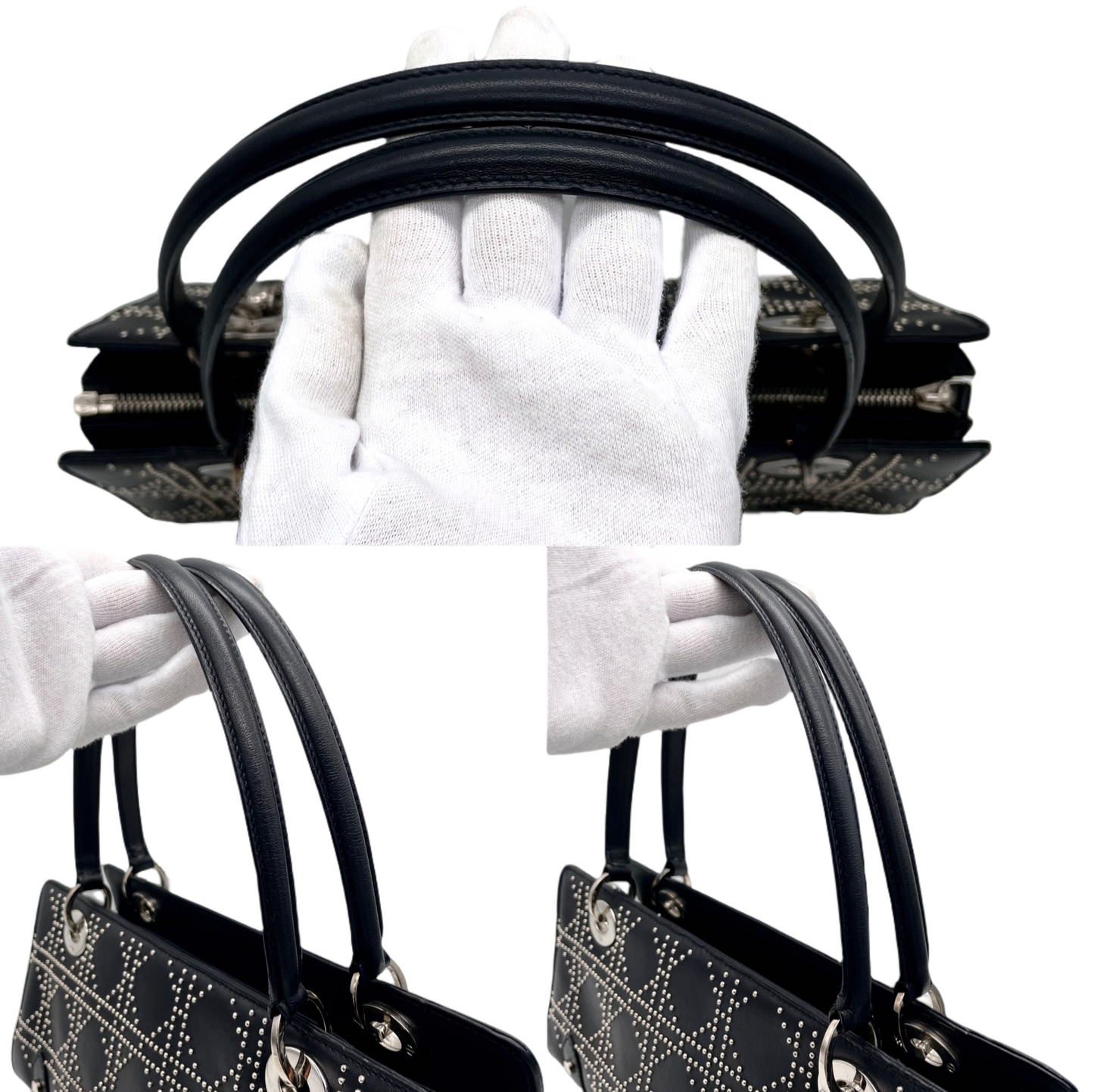 RARE☆☆☆☆☆CHRISTIAN DIOR Preloved Lady Dior Cannage Studs Design Hand Bag Black &amp; Silver