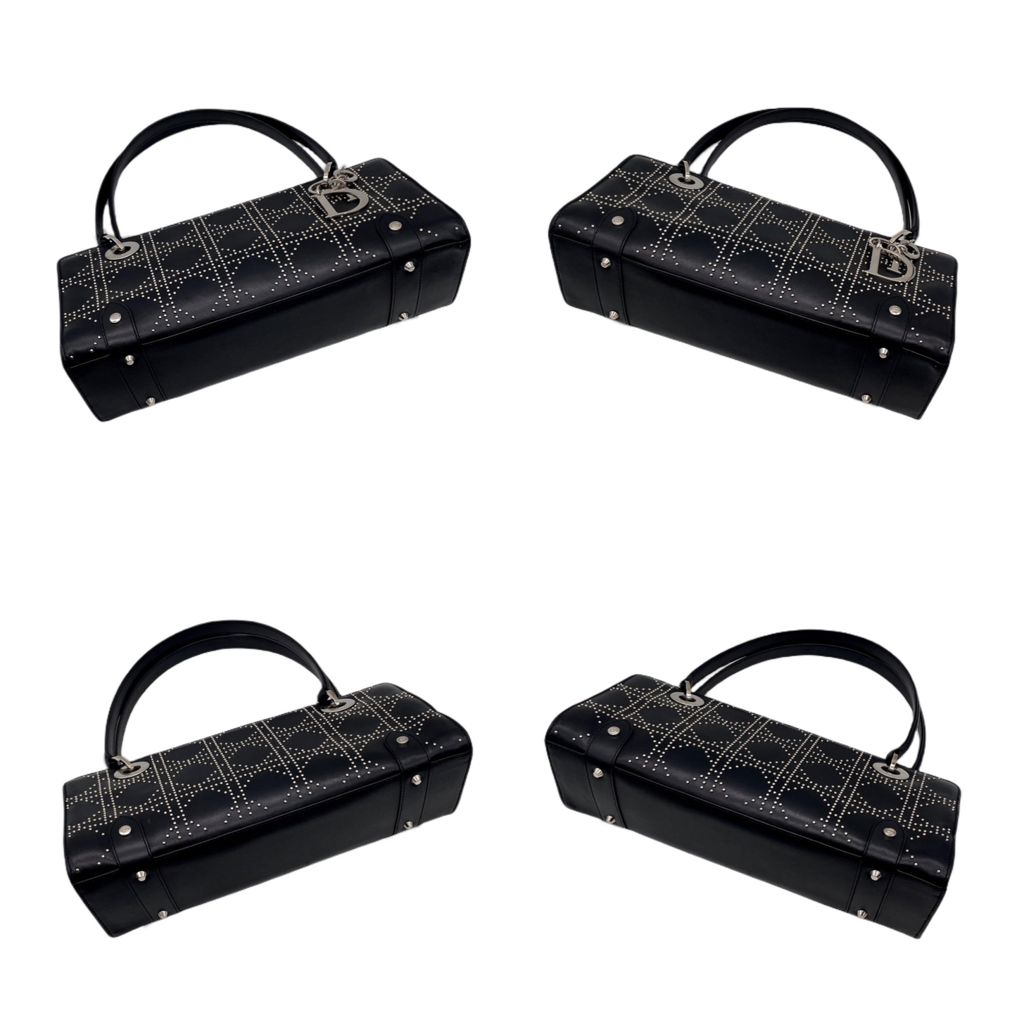 RARE☆☆☆☆☆CHRISTIAN DIOR Preloved Lady Dior Cannage Studs Design Hand Bag Black &amp; Silver