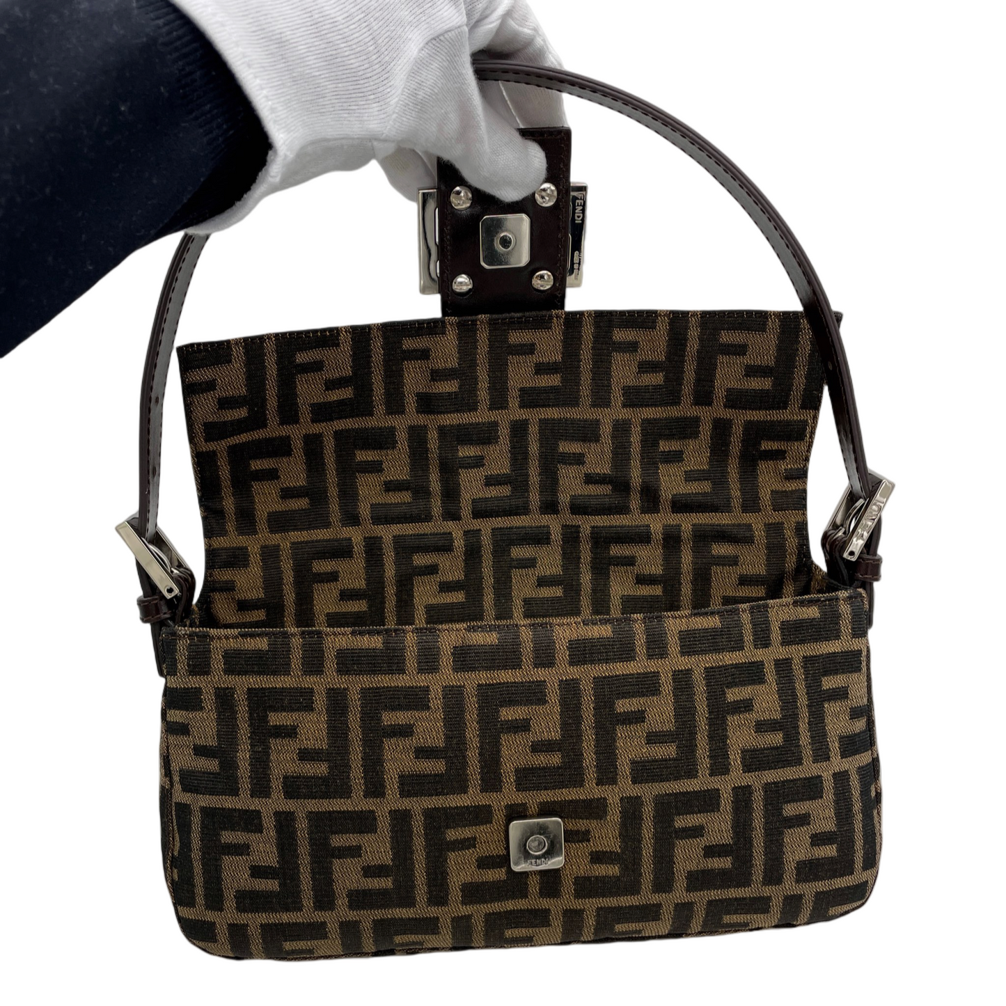 FENDI Zucca Canvas Mamma Baguette PM Shoulder Bag Brown & Silver