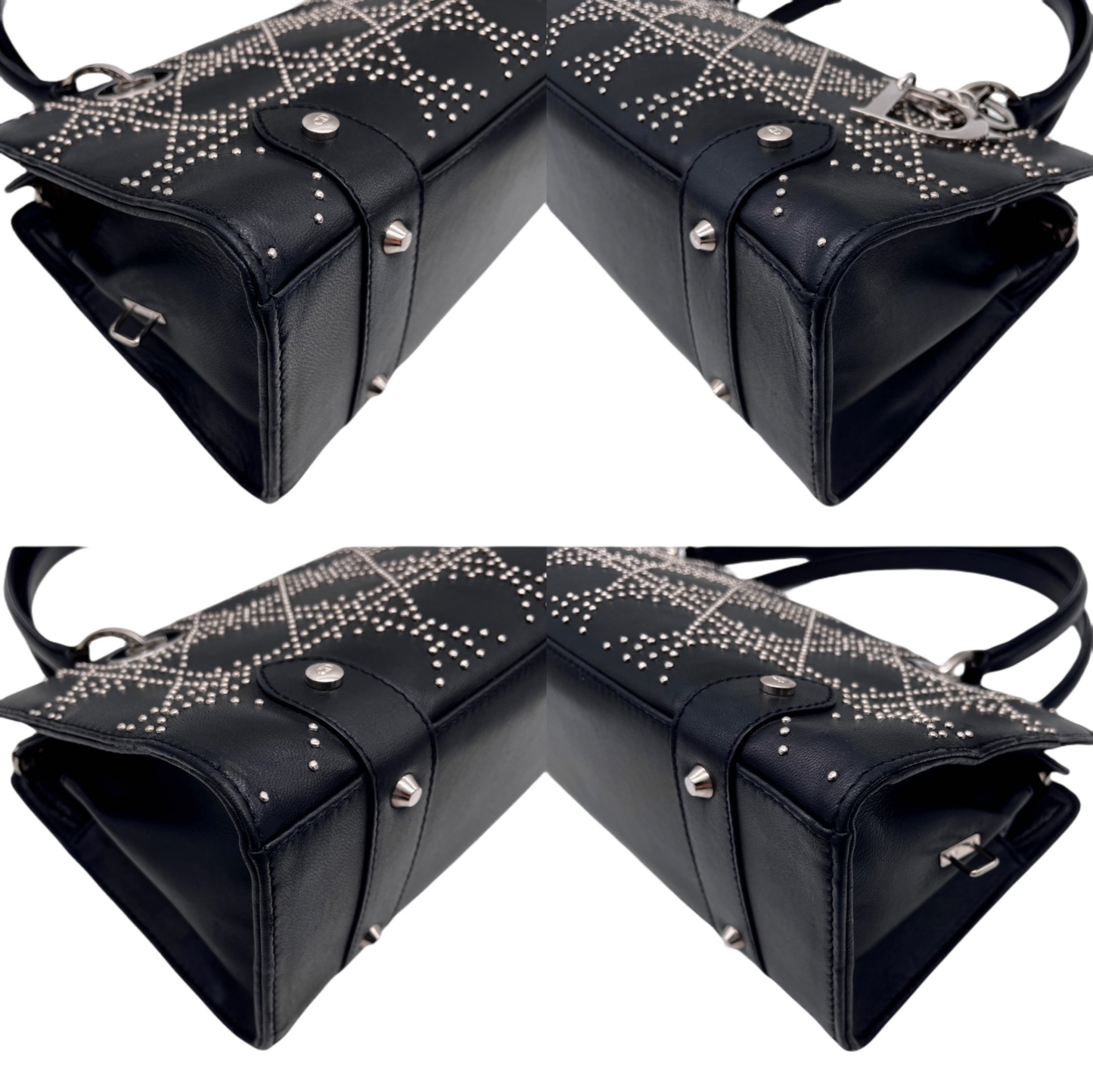 RARE☆☆☆☆☆CHRISTIAN DIOR Preloved Lady Dior Cannage Studs Design Hand Bag Black &amp; Silver