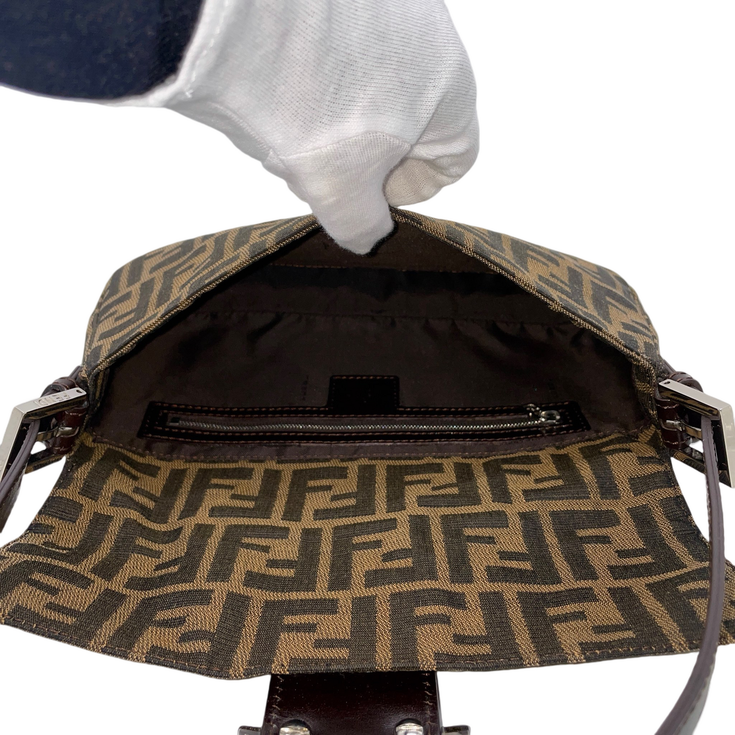 FENDI Zucca Canvas Mamma Baguette PM Shoulder Bag Brown & Silver