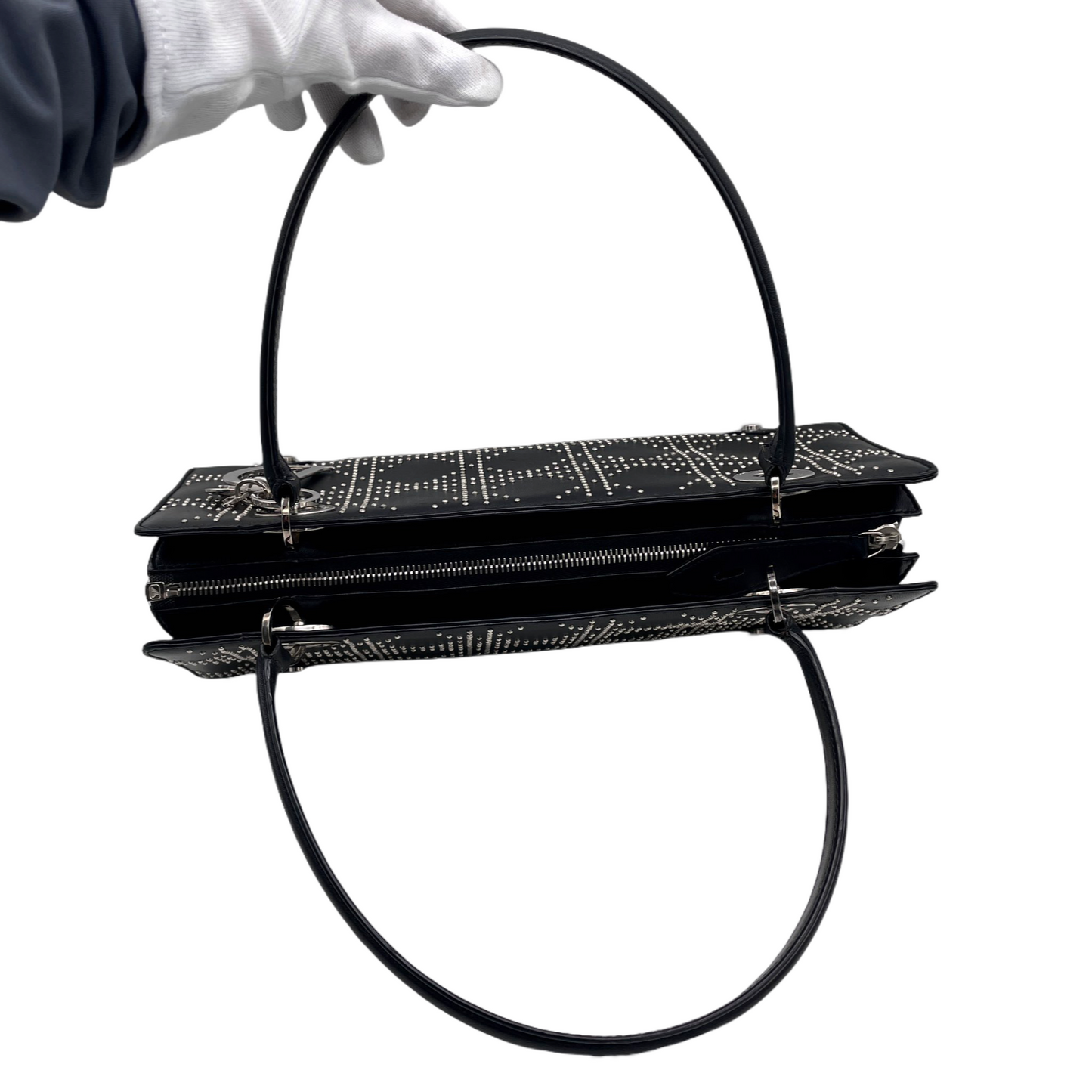 RARE☆☆☆☆☆CHRISTIAN DIOR Preloved Lady Dior Cannage Studs Design Hand Bag Black &amp; Silver