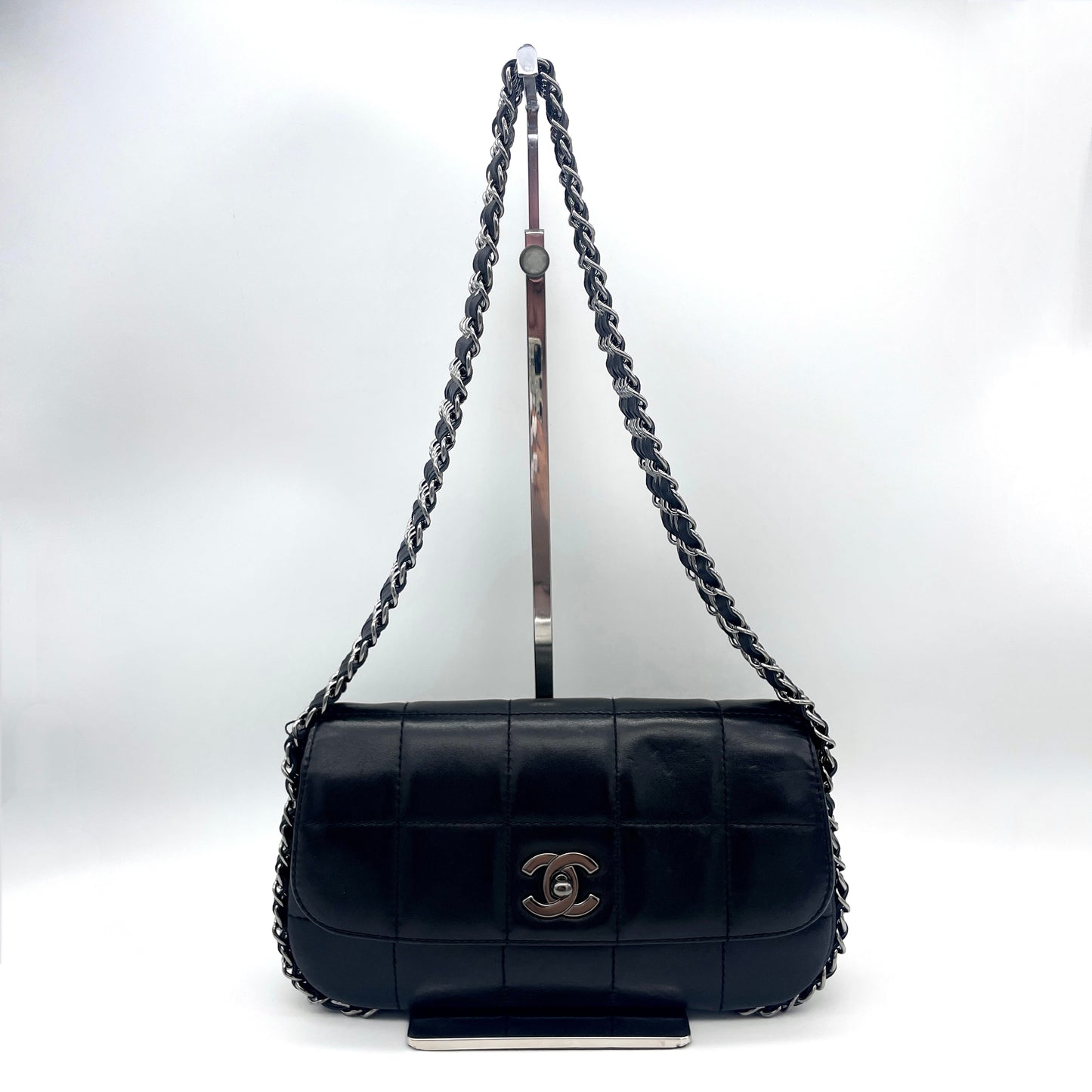 RARE☆☆☆☆☆CHANEL Chocolate Bar Turnlock 5 Chain Shoulder Flap Bag Black x Silver