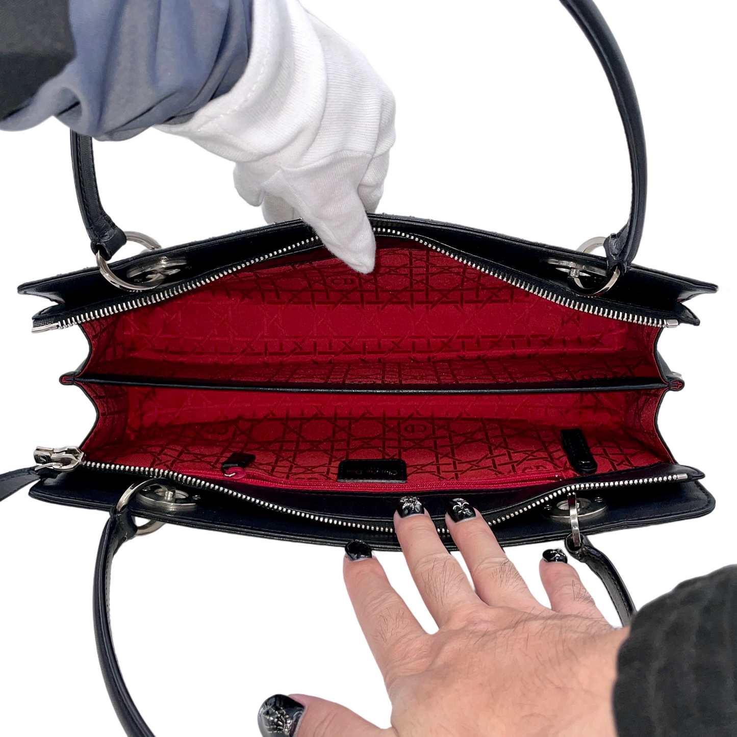 RARE☆☆☆☆☆CHRISTIAN DIOR Preloved Lady Dior Cannage Studs Design Hand Bag Black &amp; Silver