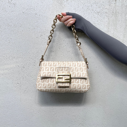 RARE☆☆☆☆FENDI Zucchino PVC Mini Mamma Baguette Chain Shoulder Bag Beige & Gold