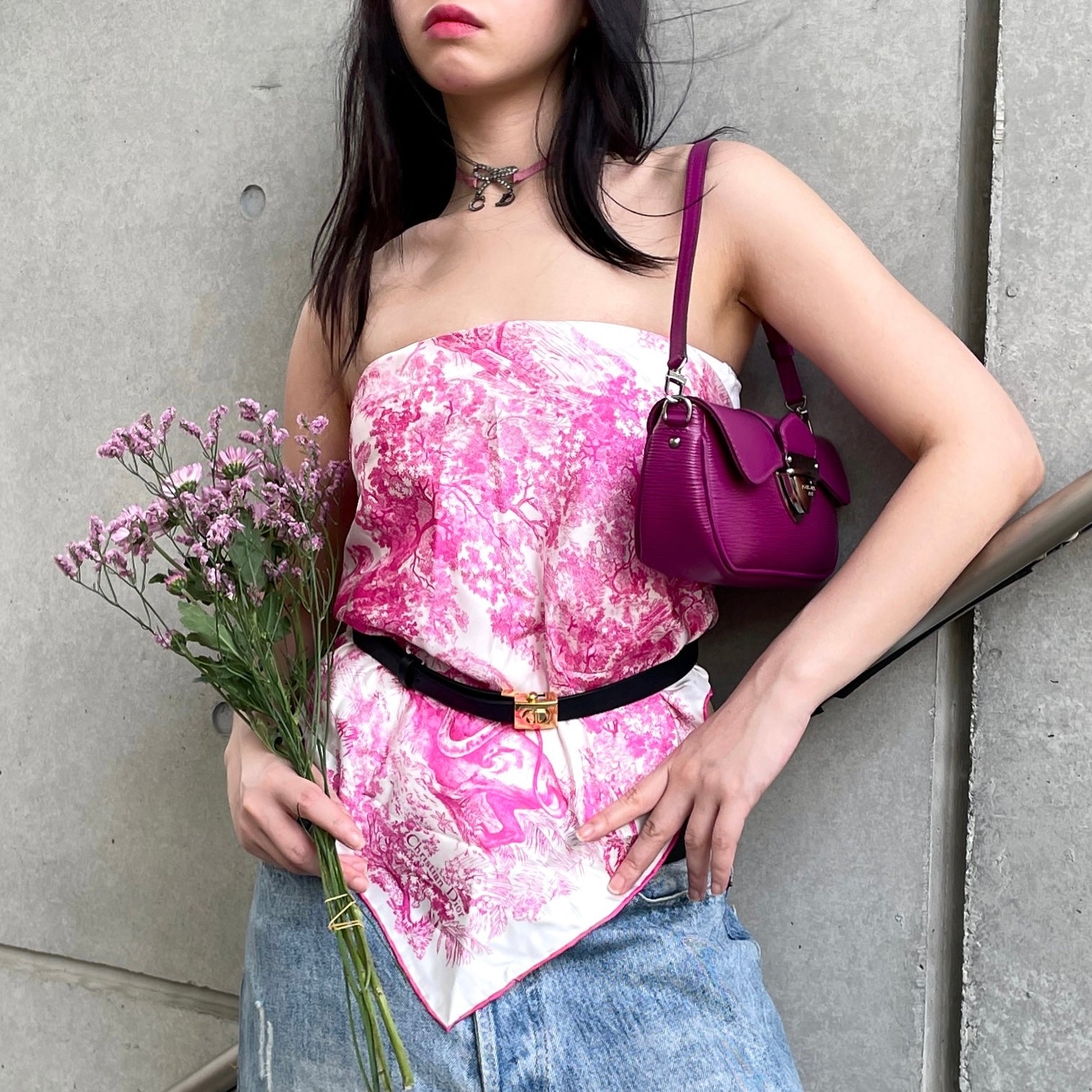 RARECHRISTIAN DIOR CD LOGO Belted Silk Scarf Bandeau Tube Top Pink