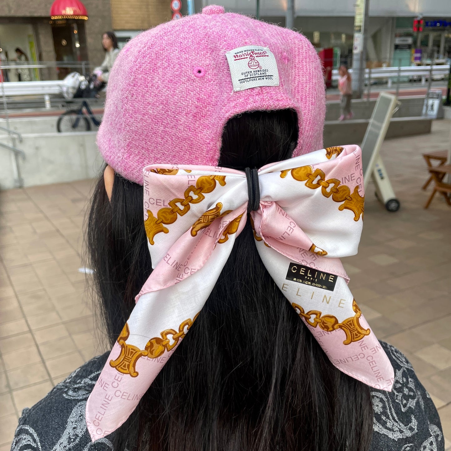 CELINE Mini Scarf Neckerchief Handkerchief Pink & Gold