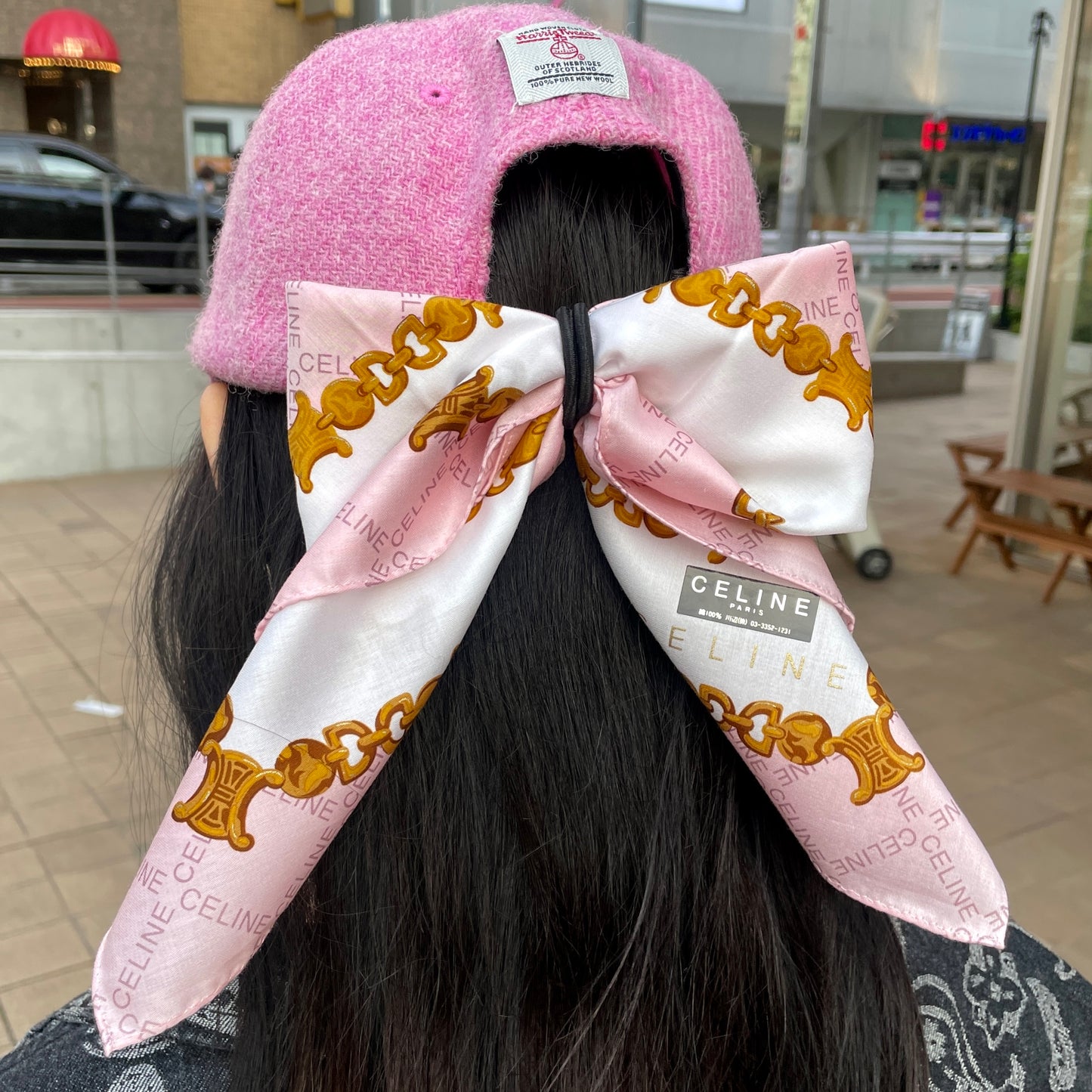CELINE Mini Scarf Neckerchief Handkerchief Pink & Gold