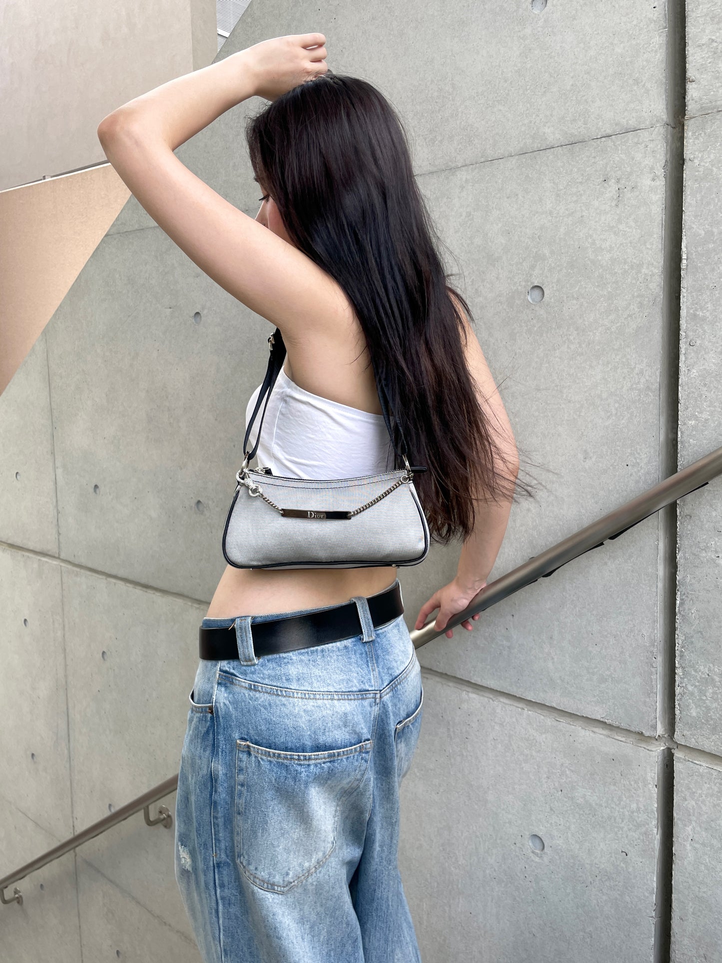 RARE☆☆☆☆CHRISTIAN DIOR Hardcore Line Rhinestone Chain Handle 2-Way Shoulder Bag PM Gray &amp; Black SHW