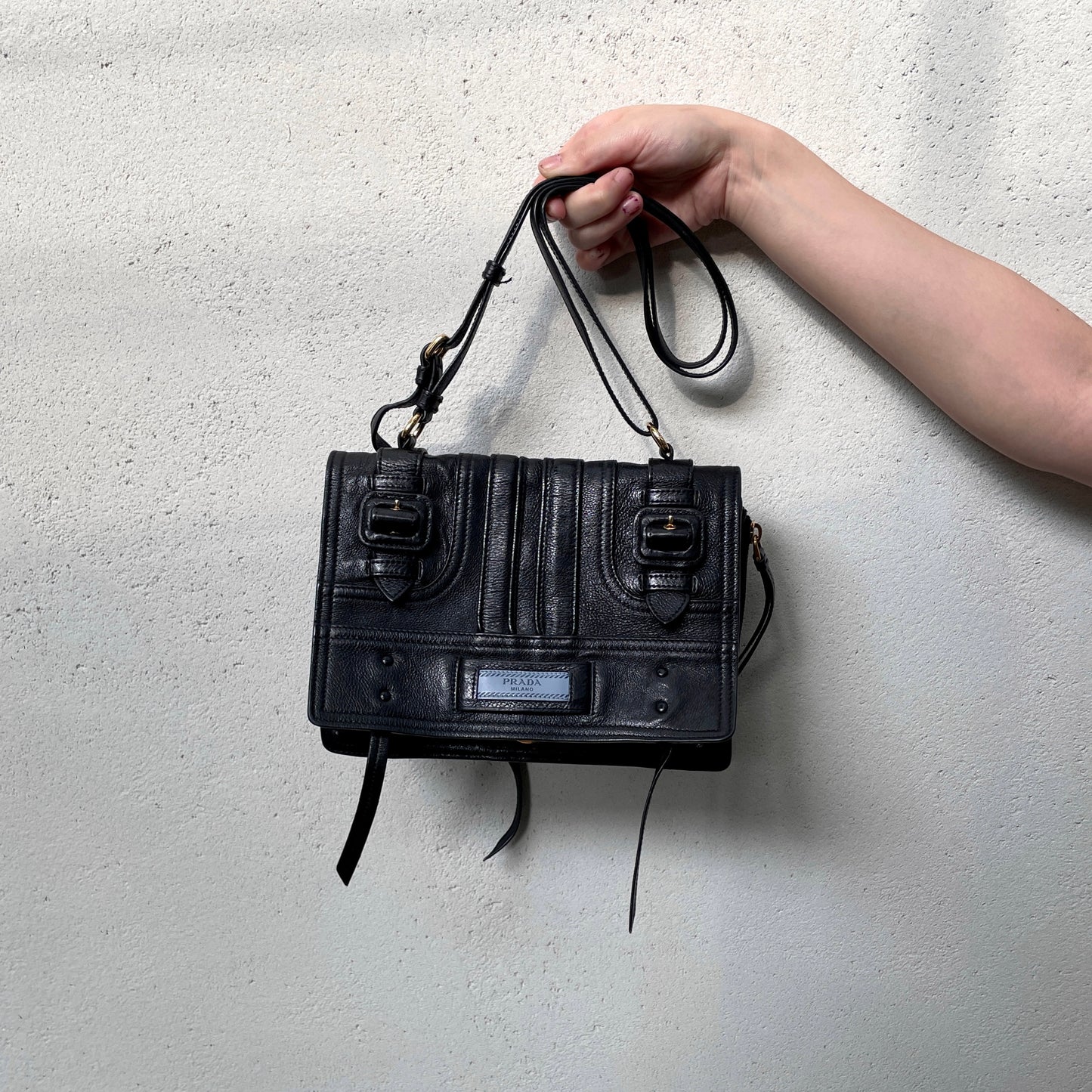 RARE☆☆☆PRADA Etiquette Leather Messager Shoulder Flap Bag Black