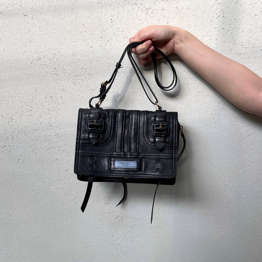 RARE☆☆☆PRADA Etiquette Leather Messager Shoulder Flap Bag Black