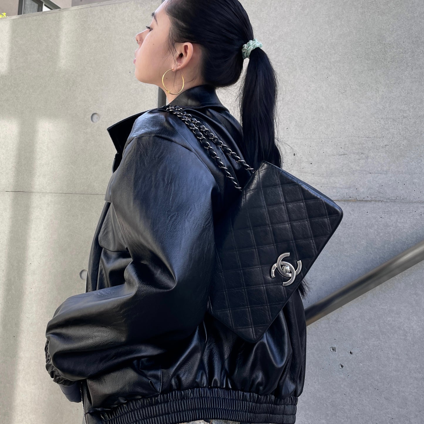 CHANEL 2012 Matelassé Iridescent Calfskin Double Chains Full Flap Shoulder Bag Black & Silver