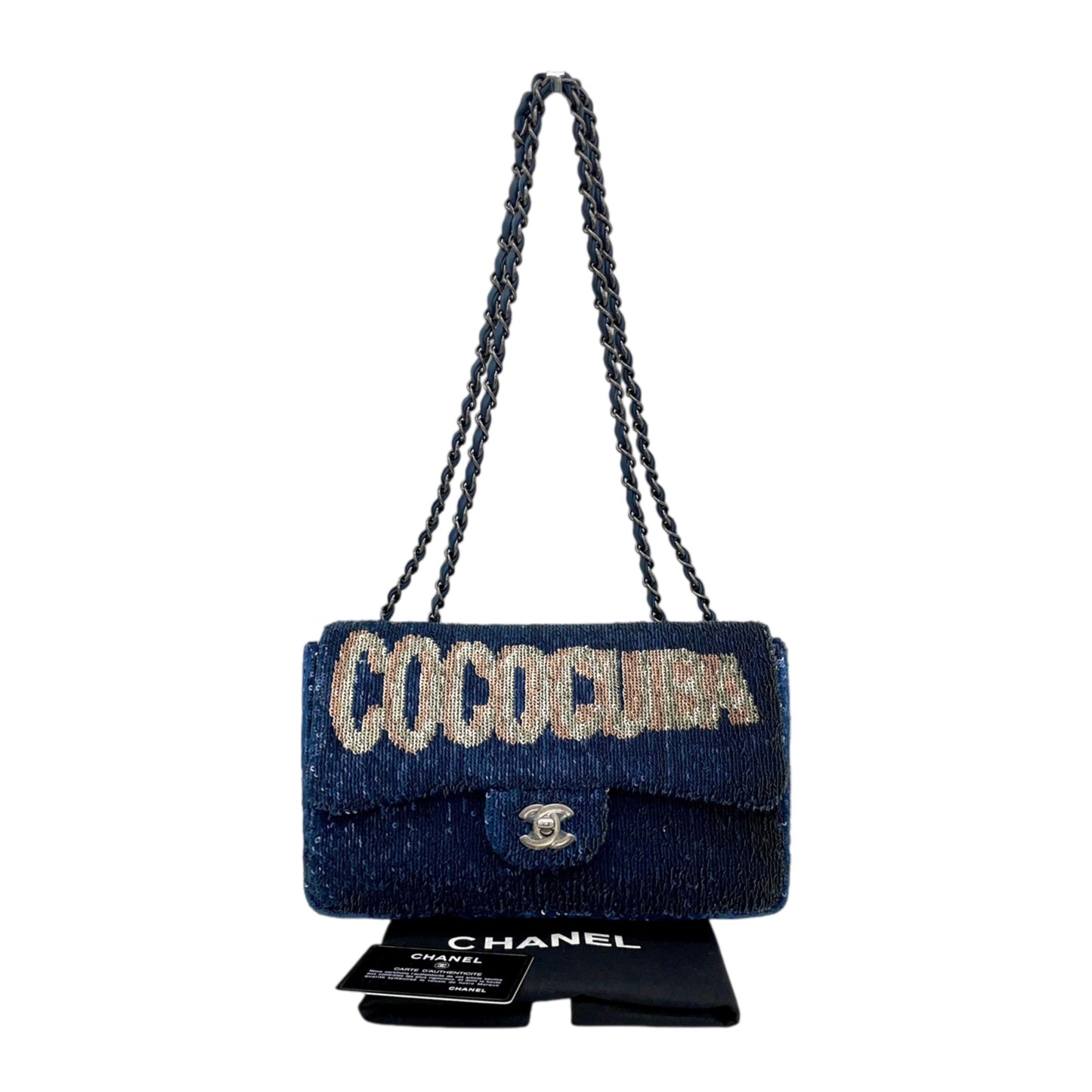 RARE★★★★★CHANEL 2016 Cruise 2016/17 COCOCUBA Sequin Double Chain Single Flap Shoulder Bag Medium Navy & Silver