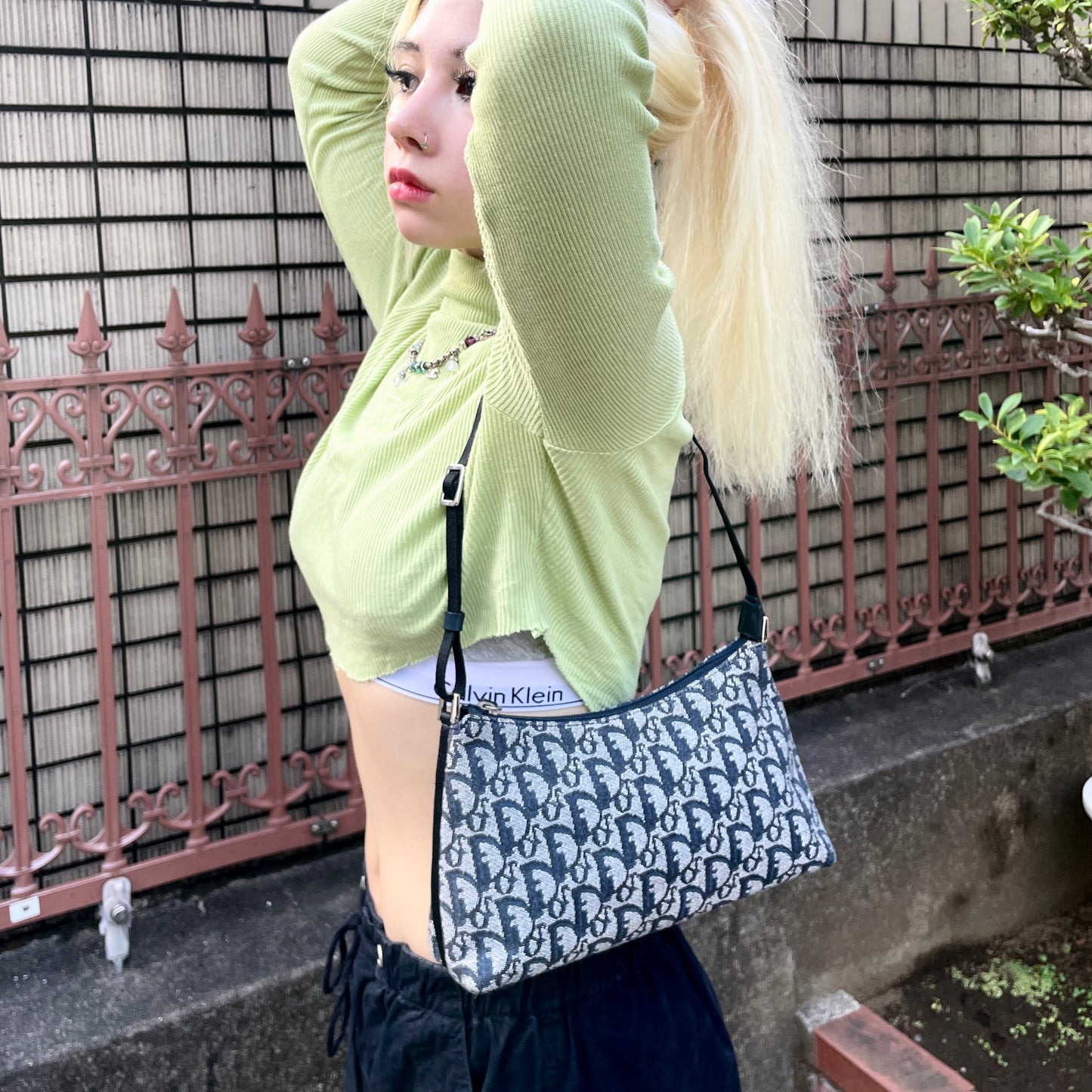 CHRISTIAN DIOR Trotter Canvas Accessories Pouch Hand Bag Navy & Silver