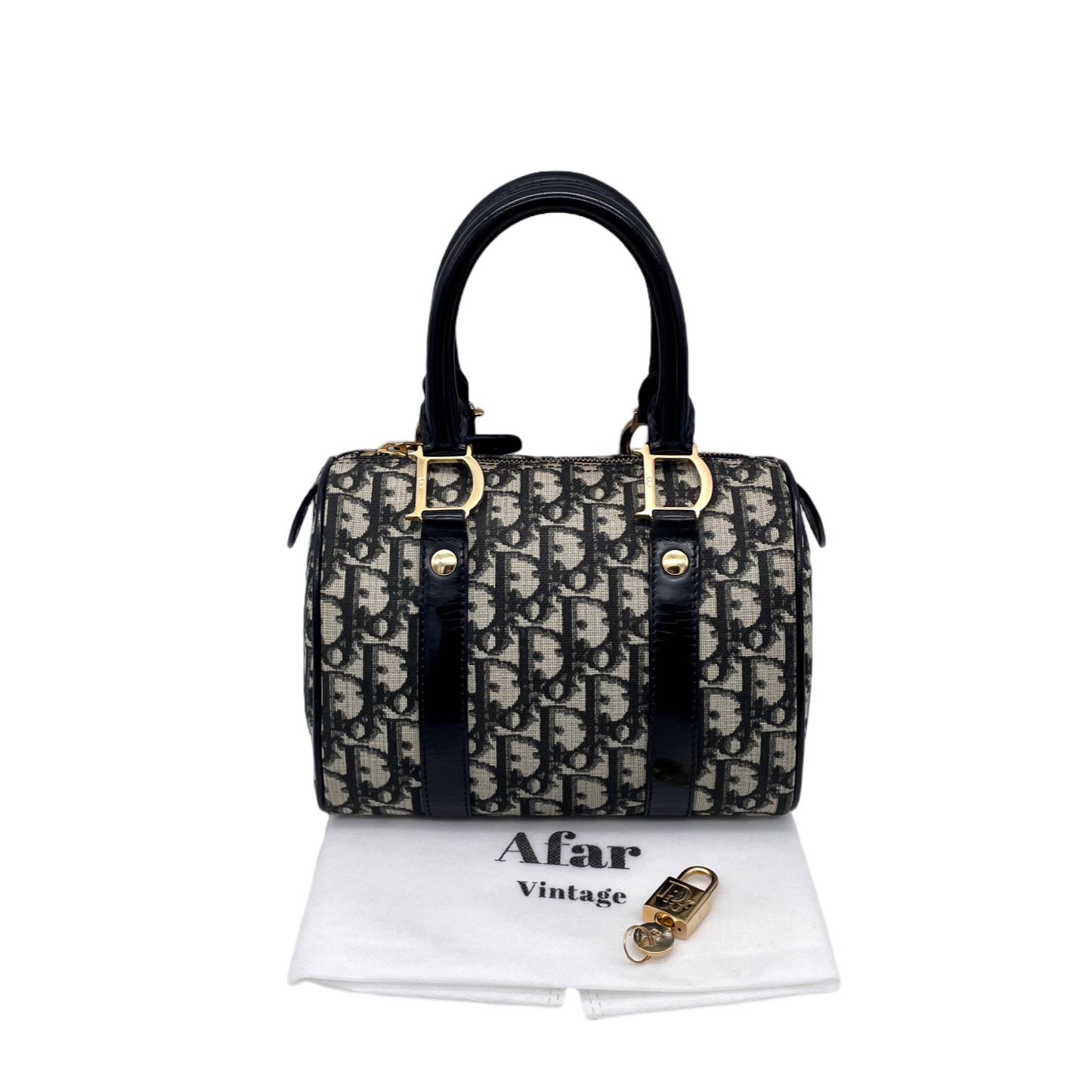 AUTHENTIC PRELOVED RARE☆☆☆CHRISTIAN DIOR 2004 Trotter PVC Mini Boston Handbag 20cm Navy &amp; Gold