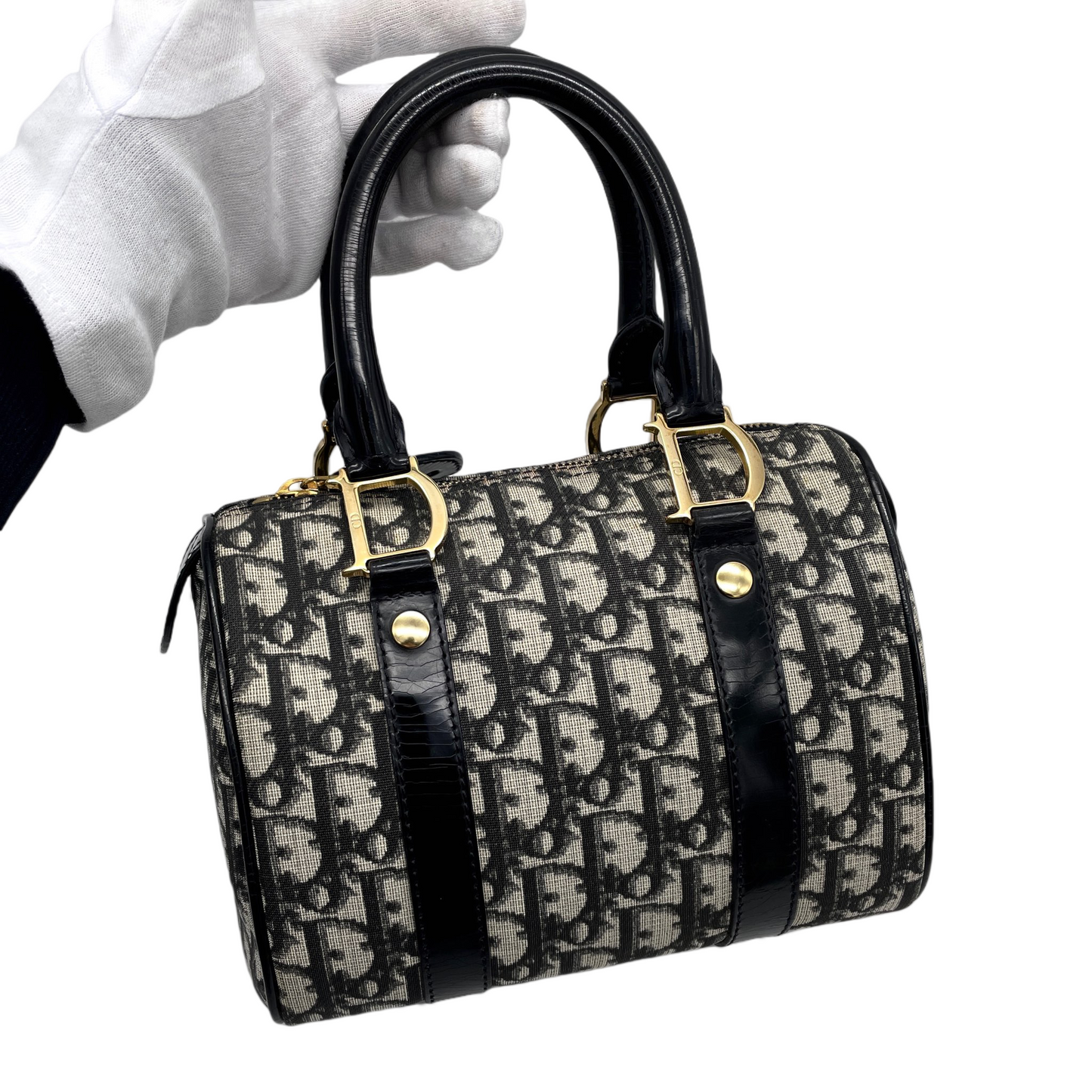 AUTHENTIC PRELOVED RARE☆☆☆CHRISTIAN DIOR 2004 Trotter PVC Mini Boston Handbag 20cm Navy &amp; Gold