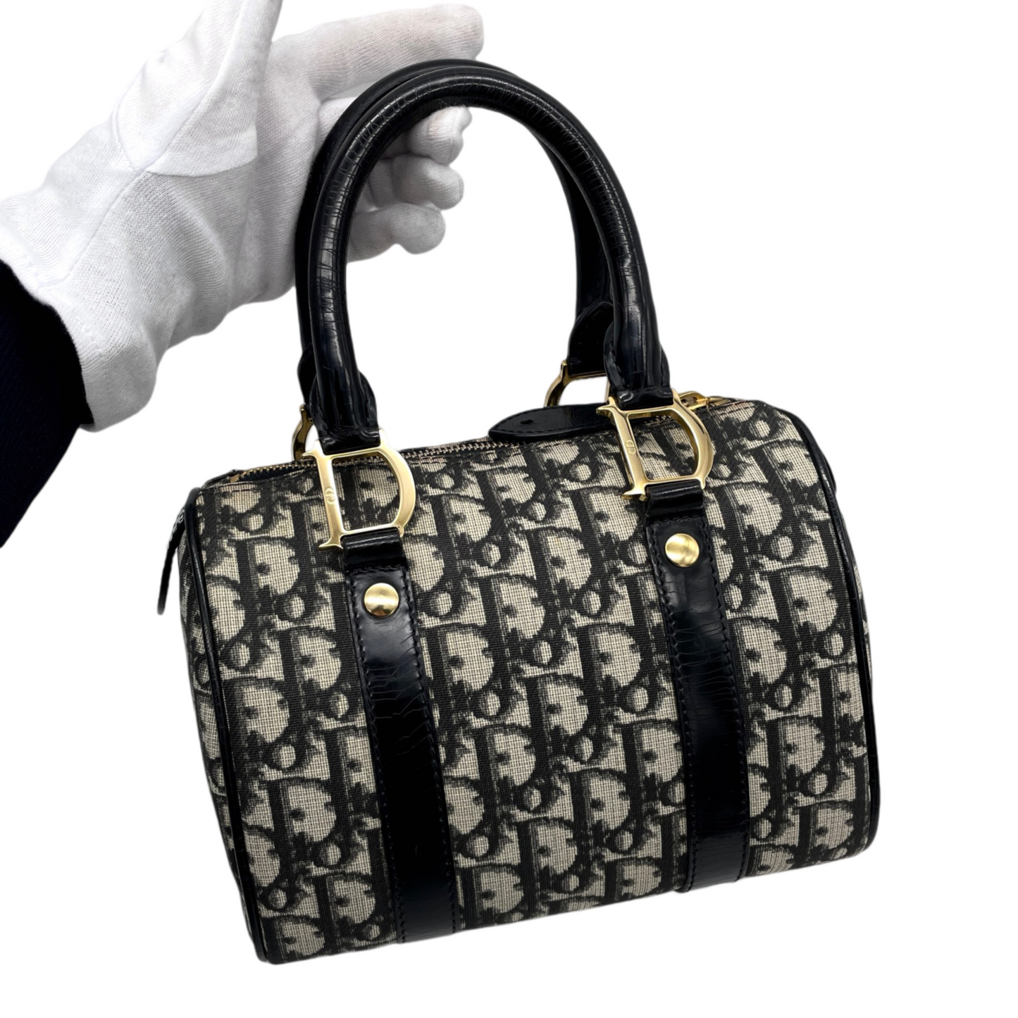 AUTHENTIC PRELOVED RARE☆☆☆CHRISTIAN DIOR 2004 Trotter PVC Mini Boston Handbag 20cm Navy &amp; Gold