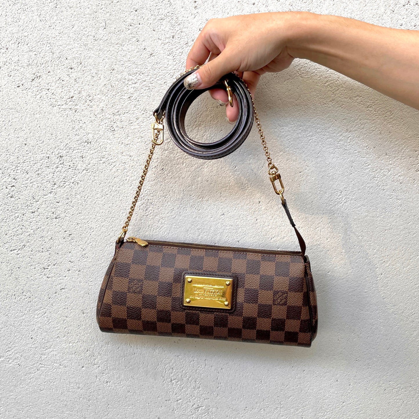 LOUIS VUITTON Damier Ebene Eva N55213 Chain Handle 2-Way Hand Bag Pouch Shoulder Bag Brown &amp; Gold