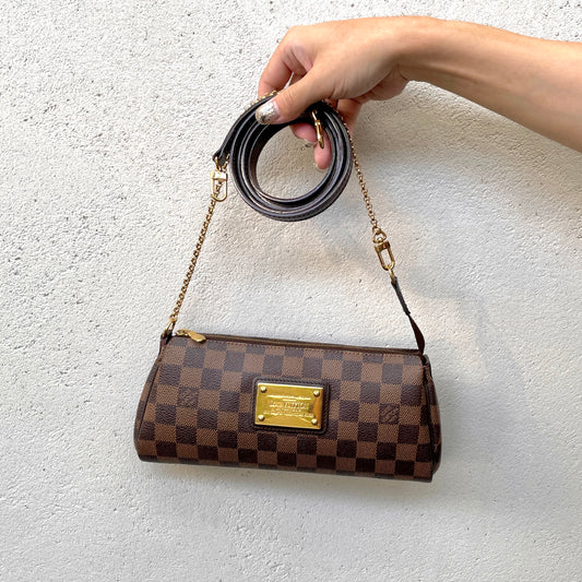 LOUIS VUITTON Damier Ebene Eva N55213 Chain Handle 2-Way Hand Bag Pouch Shoulder Bag Brown &amp; Gold