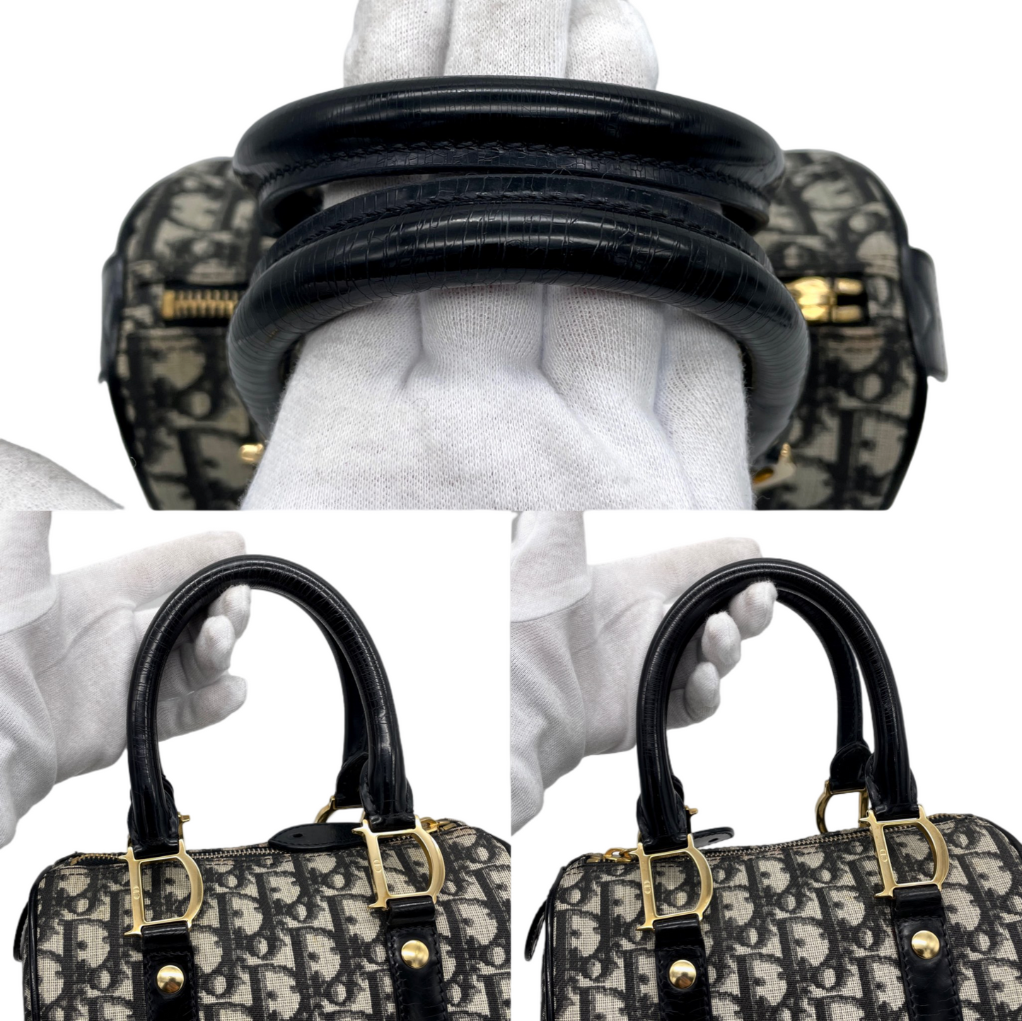 AUTHENTIC PRELOVED RARE☆☆☆CHRISTIAN DIOR 2004 Trotter PVC Mini Boston Handbag 20cm Navy &amp; Gold