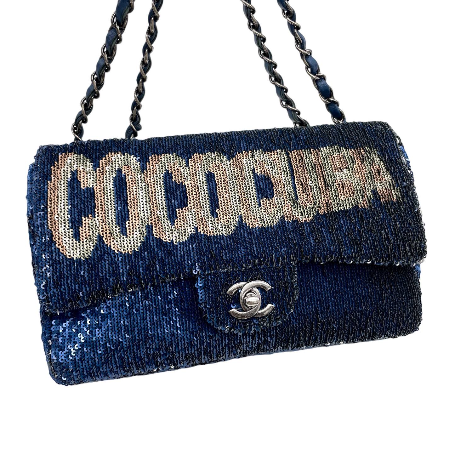 RARE★★★★★CHANEL 2016 Cruise 2016/17 COCOCUBA Sequin Double Chain Single Flap Shoulder Bag Medium Navy & Silver