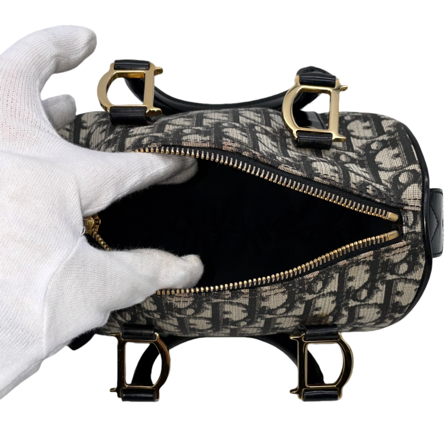 AUTHENTIC PRELOVED RARE☆☆☆CHRISTIAN DIOR 2004 Trotter PVC Mini Boston Handbag 20cm Navy &amp; Gold