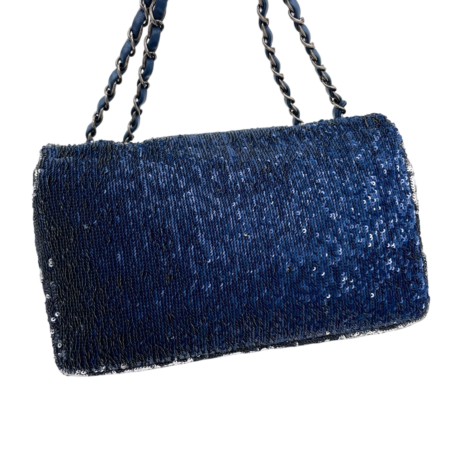 RARE★★★★★CHANEL 2016 Cruise 2016/17 COCOCUBA Sequin Double Chain Single Flap Shoulder Bag Medium Navy & Silver