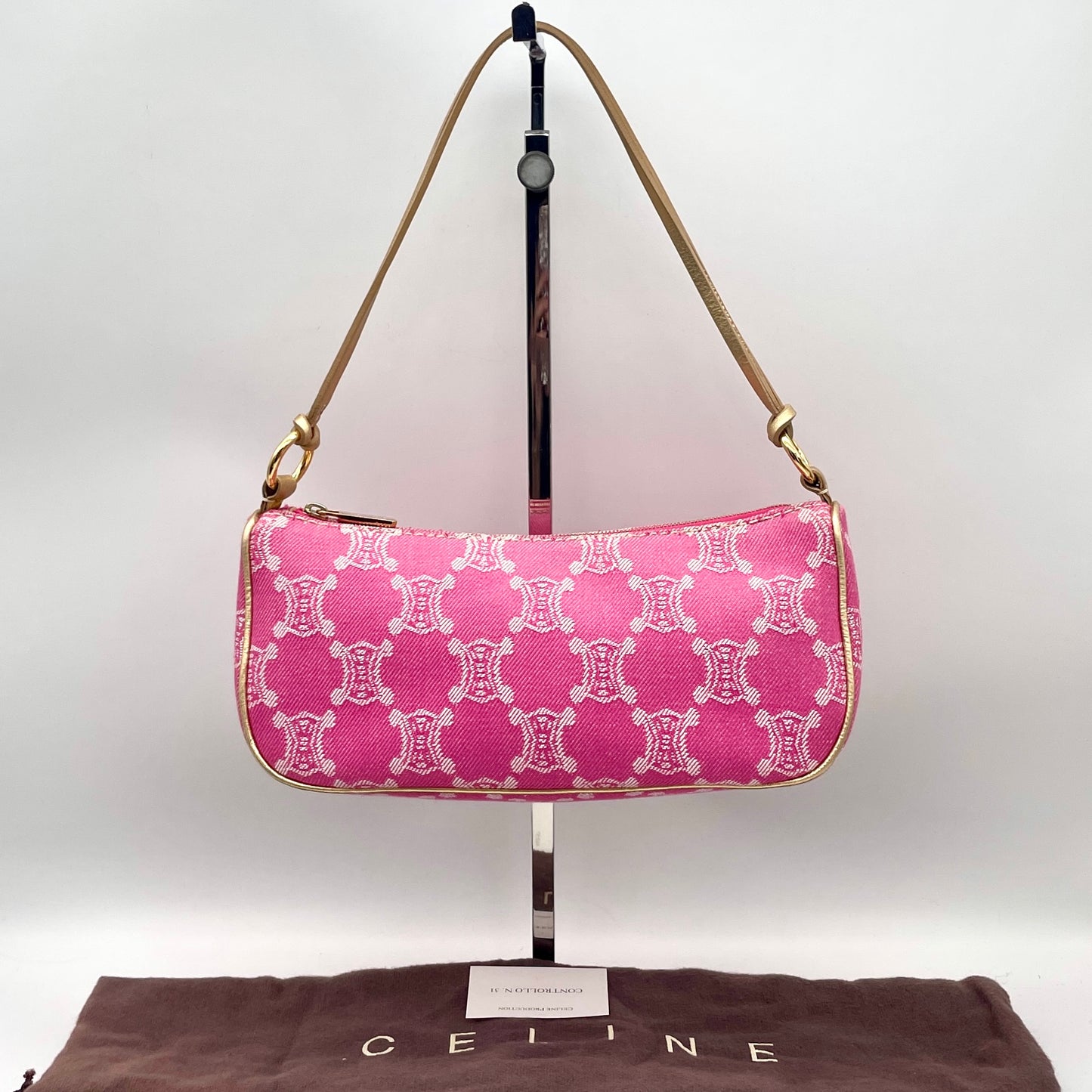 RARE☆☆☆CELINE Macadam Pink Denim Accessory Pouch Shoulder Bag Gold Leather