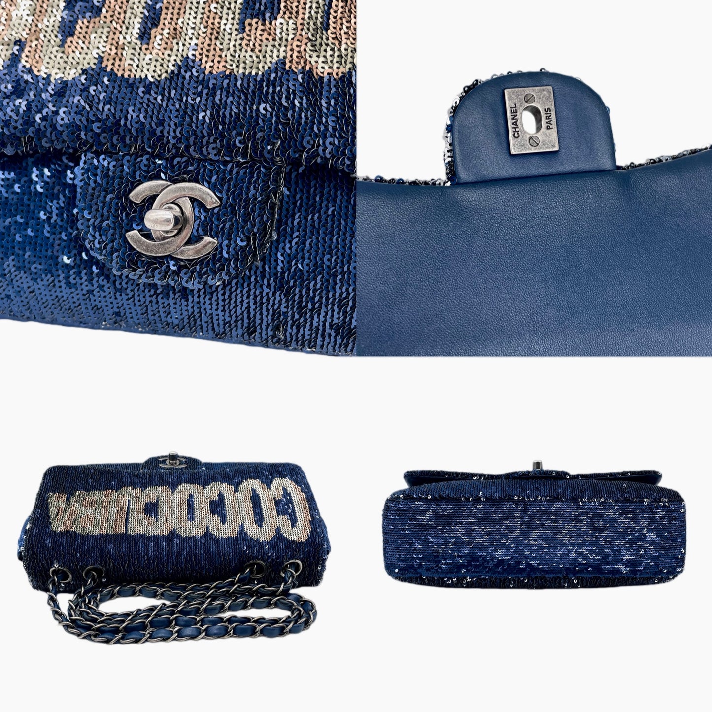 RARE★★★★★CHANEL 2016 Cruise 2016/17 COCOCUBA Sequin Double Chain Single Flap Shoulder Bag Medium Navy & Silver