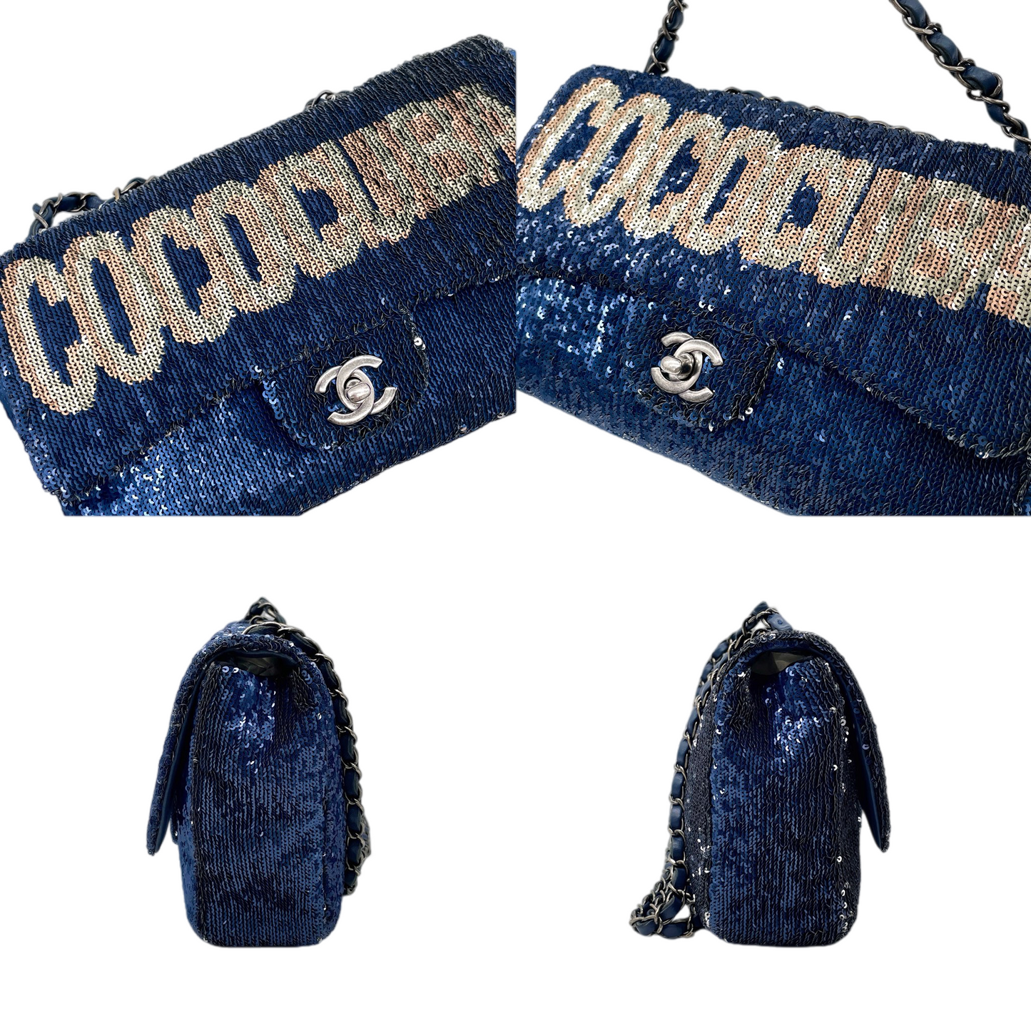 RARE★★★★★CHANEL 2016 Cruise 2016/17 COCOCUBA Sequin Double Chain Single Flap Shoulder Bag Medium Navy & Silver
